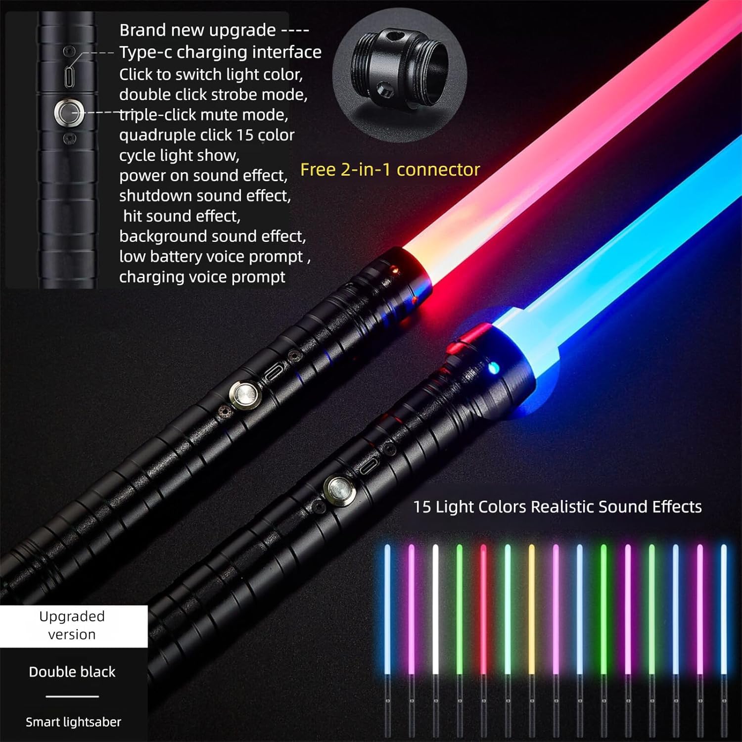 Lightsaber, 2 in 1 Dueling Lightsaber 4 Modes 15 RGB Colors,Metal Hilt Type-C Rechargeable,Realistic Strikes&Background Sound Effects, for Kids Halloween Cosplay Gifts,2 Pack (Black)