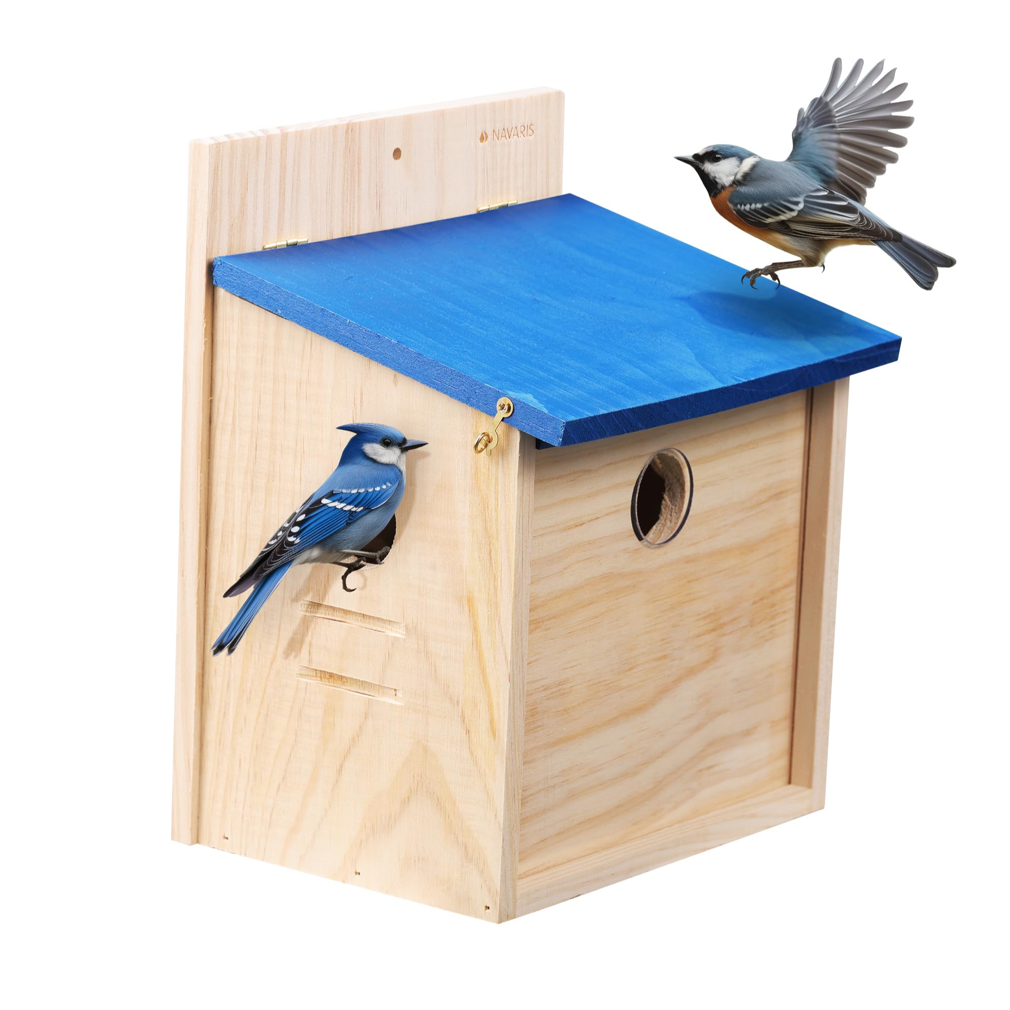 Navaris Casita para pajaros de Madera - Casa comedero de Exterior para observar Aves Silvestres - Caseta pájaros con Ventana Transparente Intercambiable - con Drenaje de Lluvia