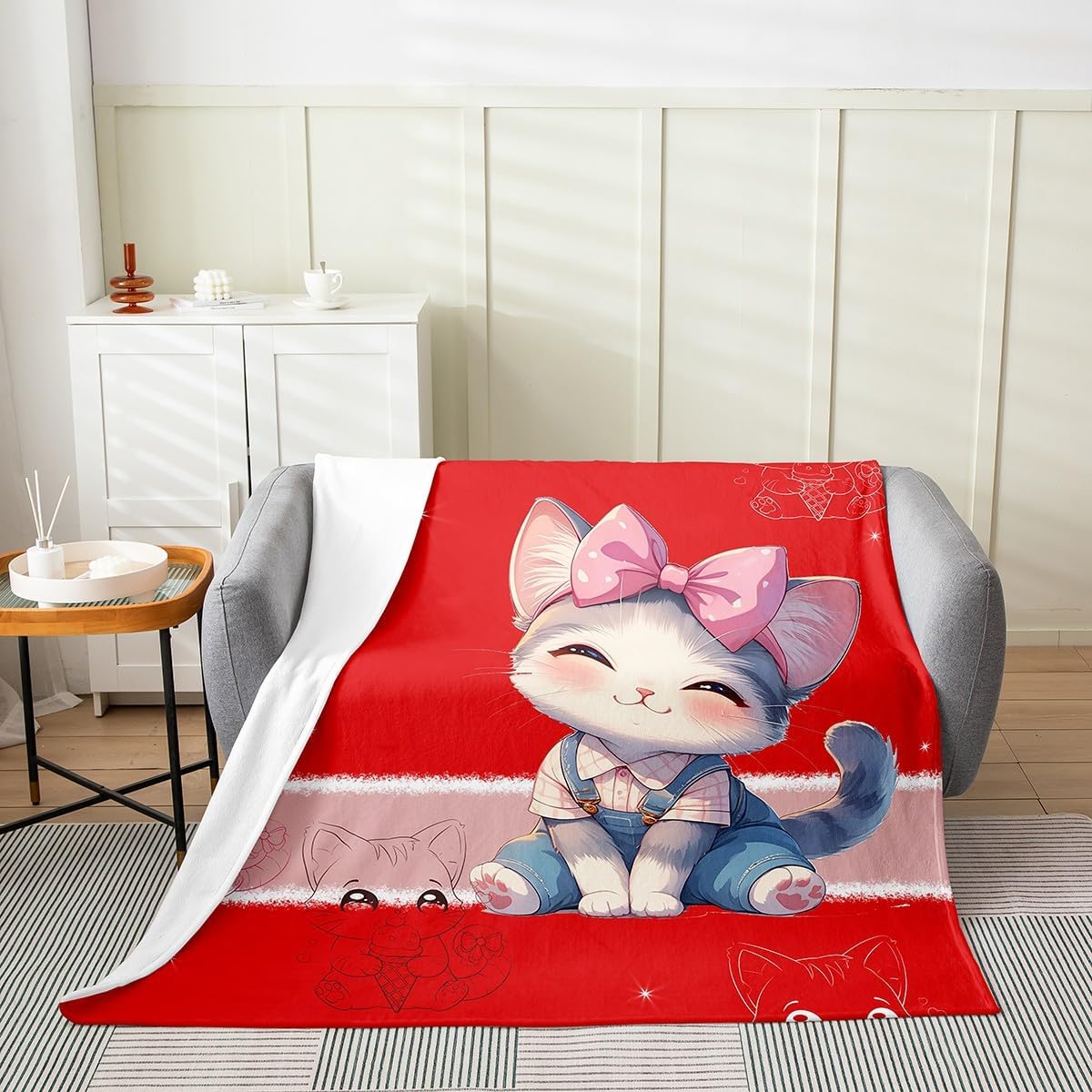 Cute Cat Flannel Blanket Queen 90"x90",Girly Kawaii Cat Silhouette Bed Sofa Blankets for Kids Boys,Lovely Animal Bow Print Fuzzy Blanket,Sweet Princess Style Breathable Blanket