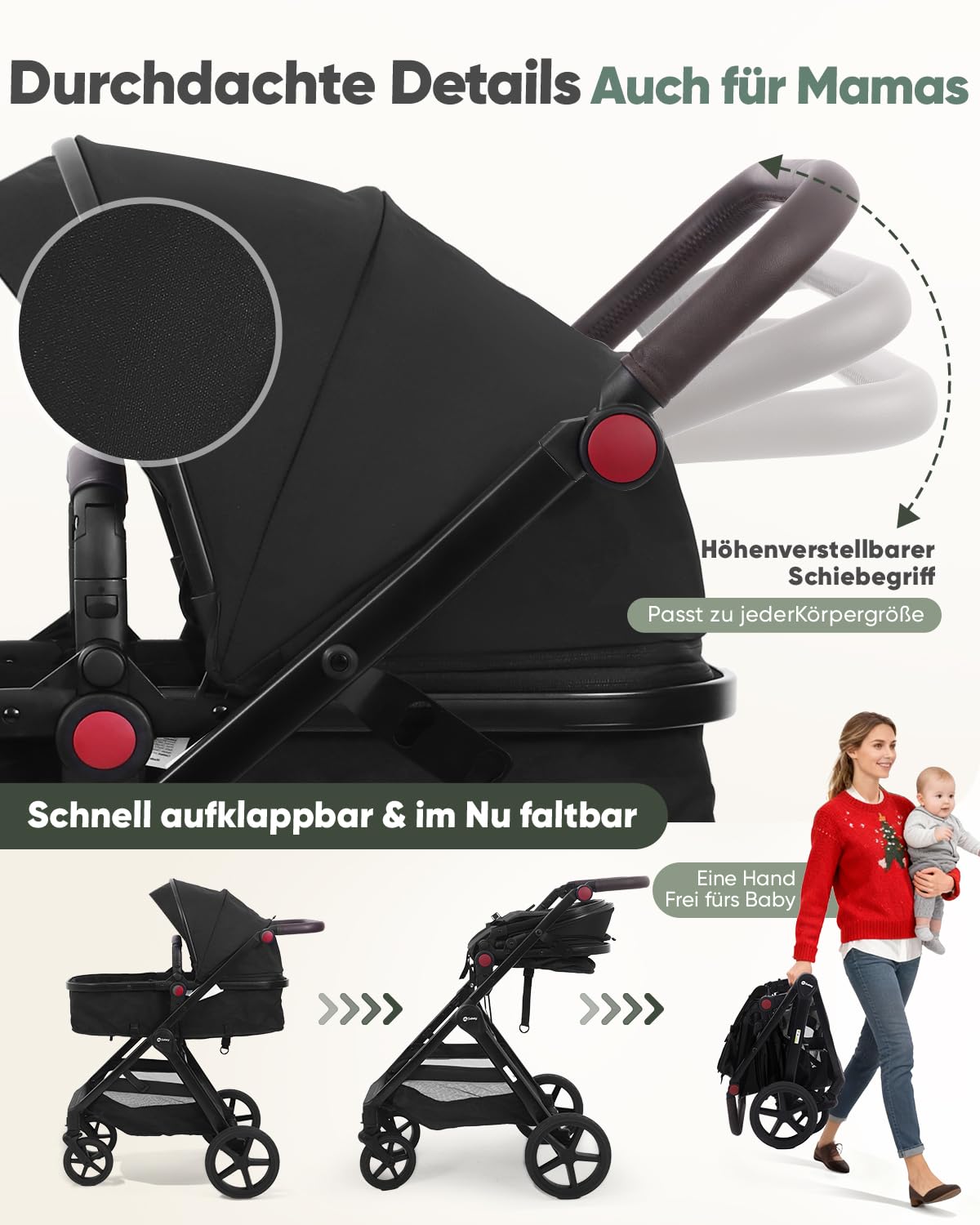 Sekey Kombi Kinderwagen Baby 3 in 1 Komplettset mit Regenschutz und Moskitonetz, Kinderwagen mit Liegefunktion bis 25kg, 0 bis 4 Jahre, 4-Rad-Federung, 5 Punkt-Gurt mit Reflektor, BW600, Schwarz