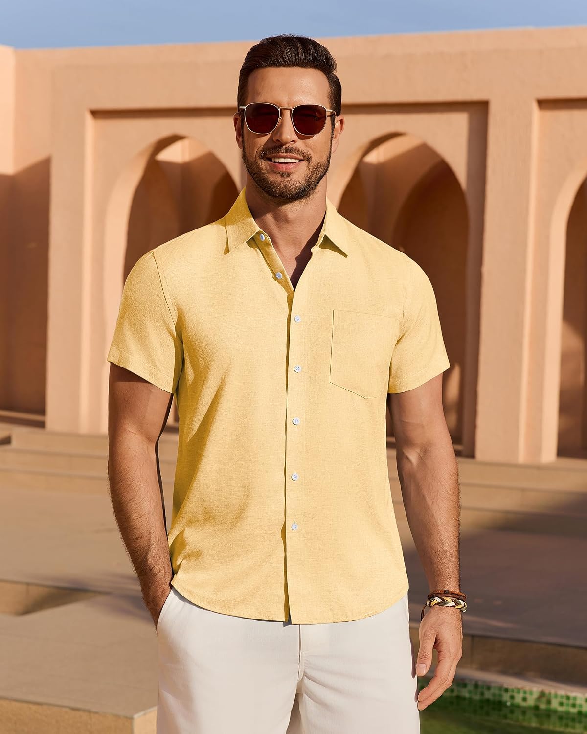 Condition photo showing As Is for mens linen shirt short sleeve wrinkle free casual untucked button down shirts beach breathable tops summer yellow x-large