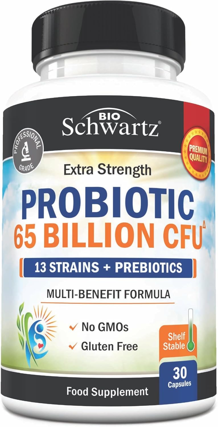 BioSchwartz Probiotic 65 Billion – Probiotics with Prebiotic for Women & Men – Lactobacillus Acidophilus Digestive Health Capsules – Targeted Release Technology – Shelf Stable Supplement Non-GMO -30ct