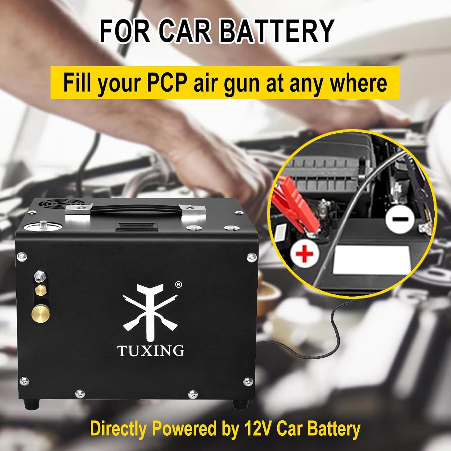 TUXING PCP Air Compressor connected to a 12V car battery