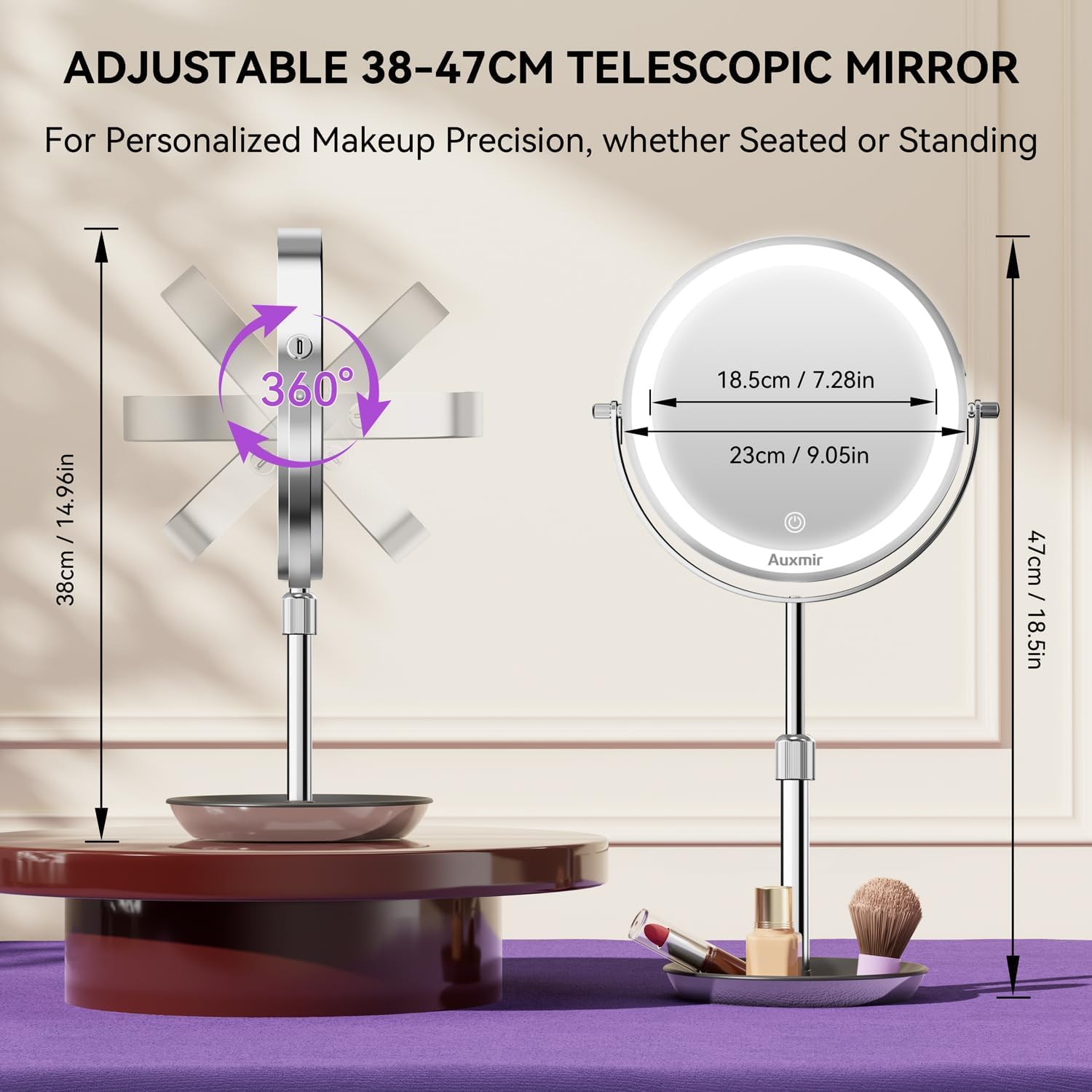 Auxmir 9 Dwustronne Oświetlane i Regulowane Wysokością Lustro do Makijażu 30X 1X 3 Kolory Światła Płynna Regulacja Jasności Z Pęsetą