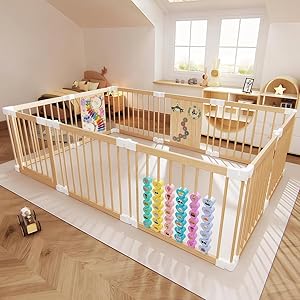 Laufstall Baby mit Spielzeug - Faltbares Laufgitter Baby aus Holz mit Tür & Sicherheitsverschluss, individuell formbarer Krabbelgitter & Absperrgitter(145 * 216 * 61 cm)