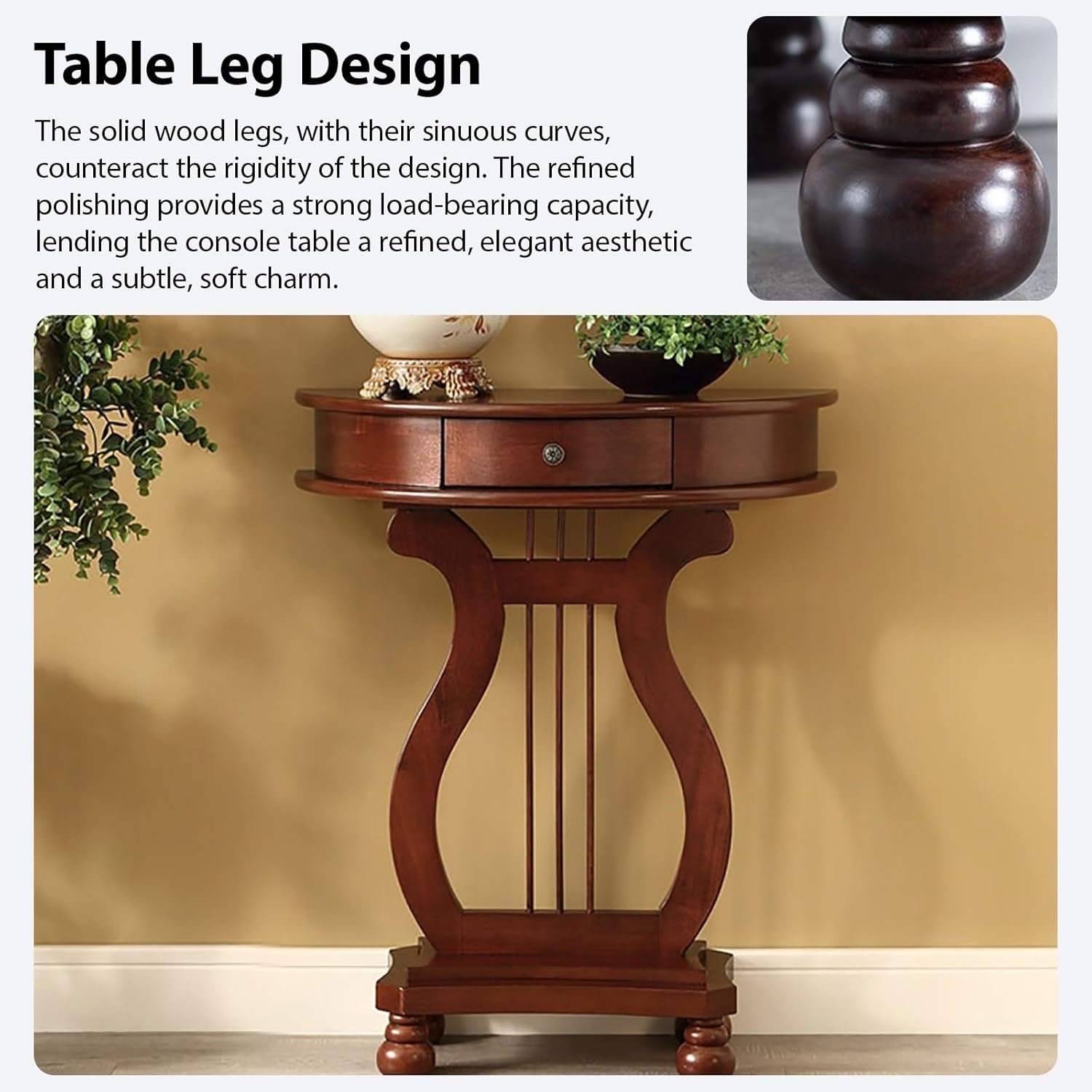 Solid Wood Half Moon Console Table,Semi-Circular Telephone Table, Vintage Hallway Sofa Tables with Drawer,New Chinese Wood Porch Table,for Behind Couch Entryway(B)