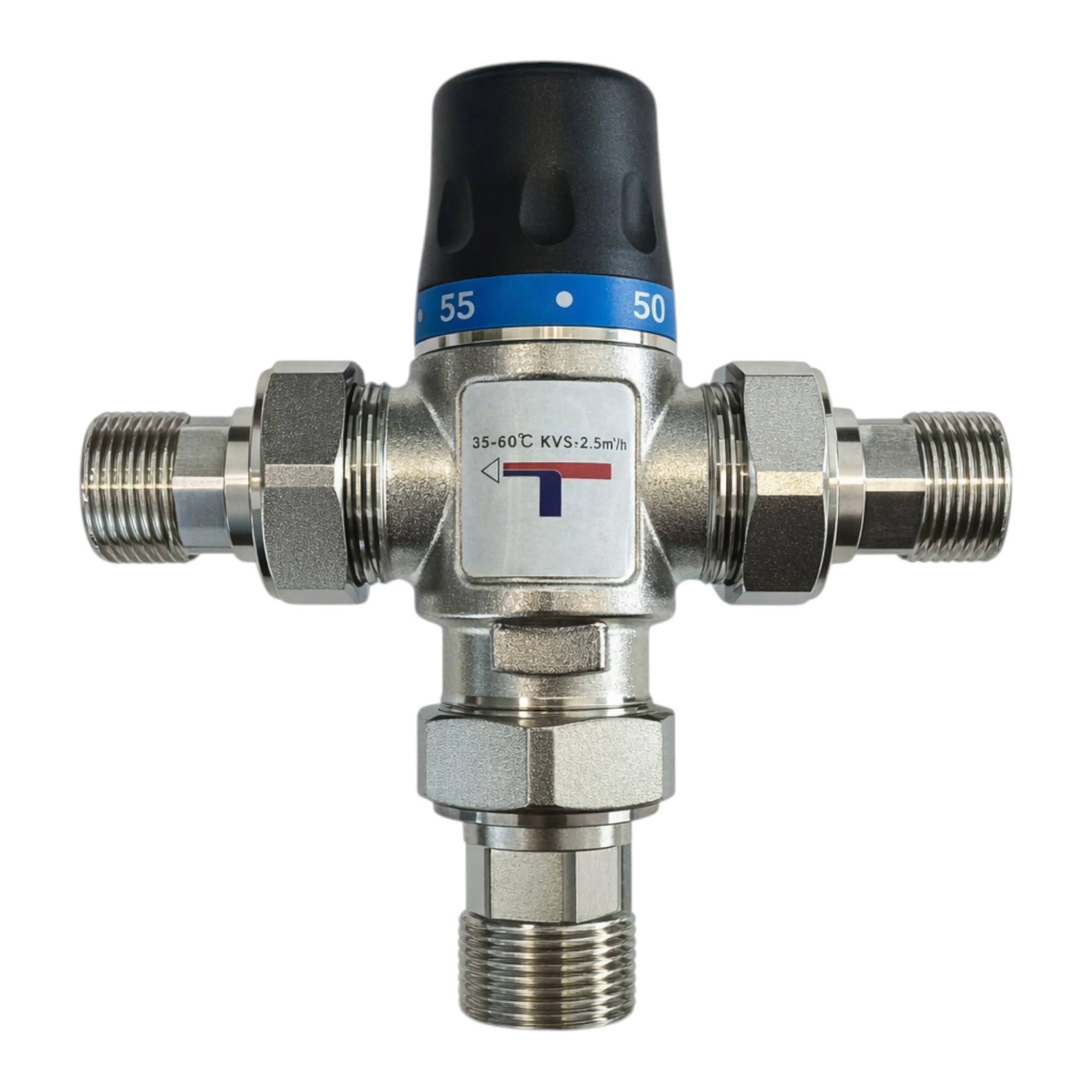 Valvola Miscelatrice Termostatica Solare 1” in Ottone CW617N con Prolunghe 3/4” M, Regolatore Temperatura 35-60°C, Antiscottatura per Boiler, Scaldabagno e Impianti Solari