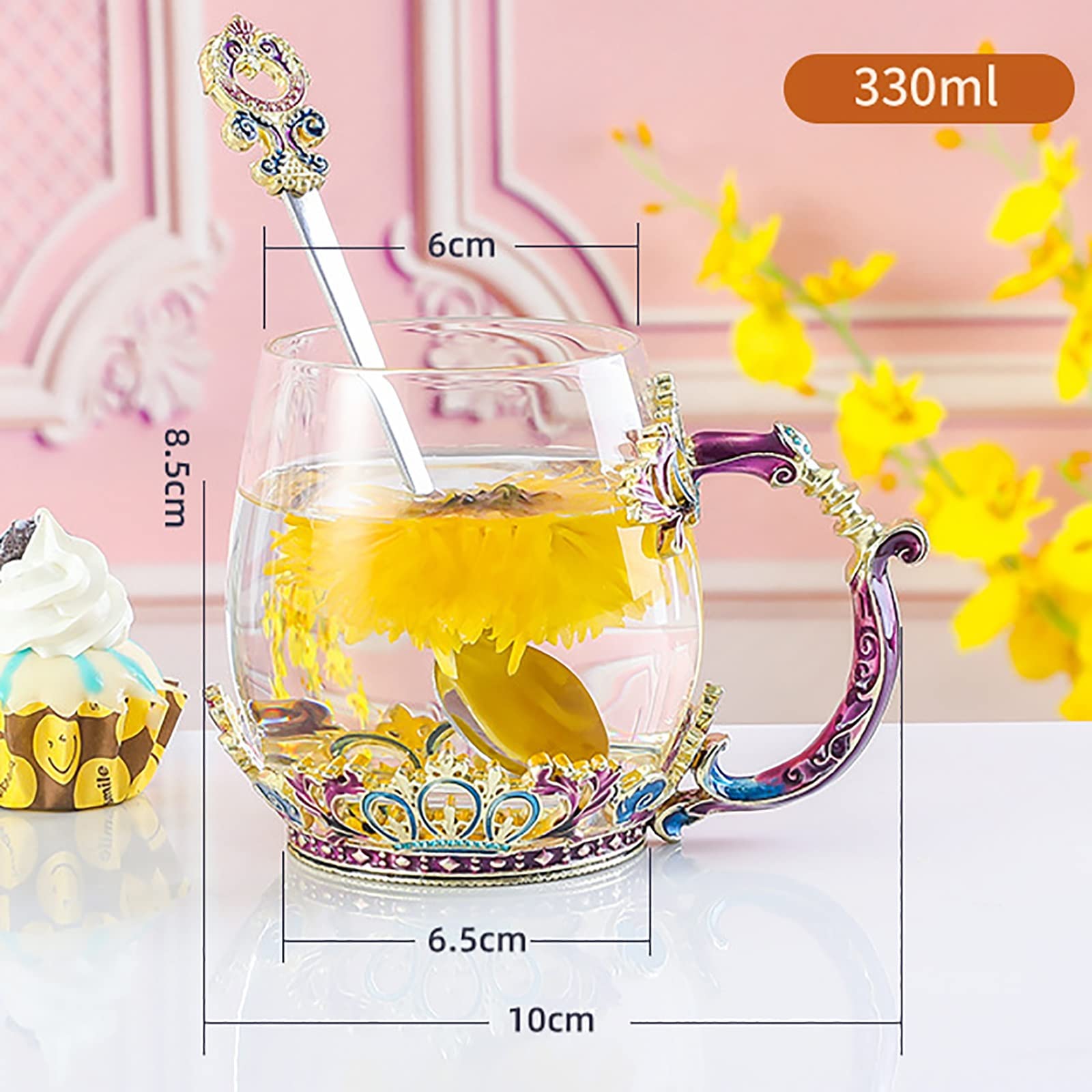 WETKOL Emaille Blume Glasbecher mit Löffel, handgefertigt bleifreie Emaille Blume Glasbecher mit exquisiten Blume Griff, für Geburtstag Weihnachten Geschenke Kristallglas Tasse