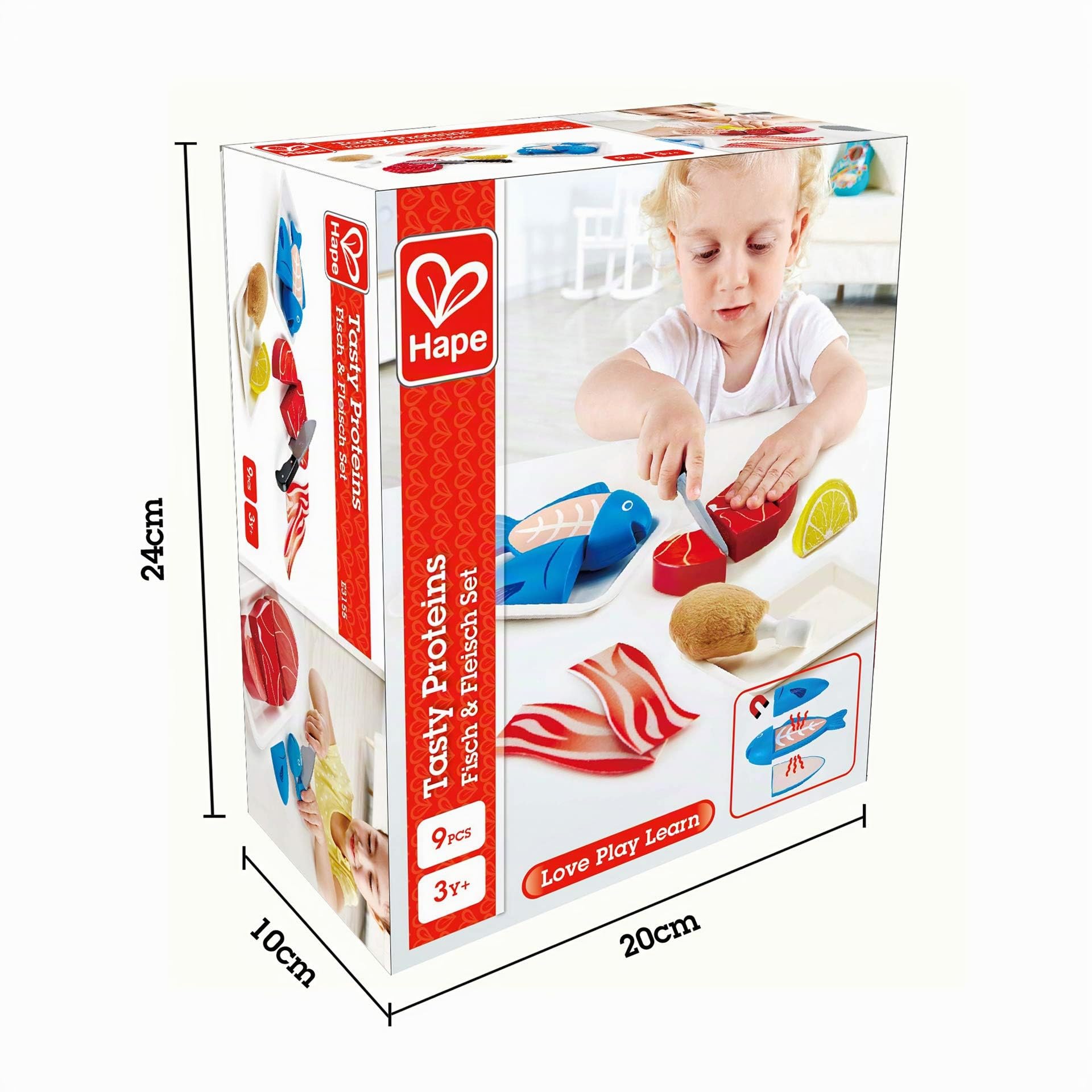 Hape Viandes & Poissons à Découper - Jeu d'Imitation Cuisine en Bois - Enfants de 3 ans et Plus - Accessoires Dinette Réalistes - Couteau, Viande, Poisson, Citron - Compétences Sociales et Language