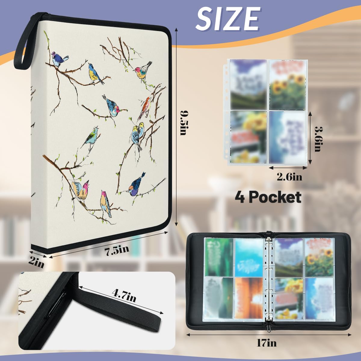 Carpeta para tarjetas de intercambio con 4 bolsillos, diseño de pájaros pequeños, álbum de tarjetas con fundas extraíbles, impermeable, con cremallera, capacidad para 50 páginas y 400 tarjetas
