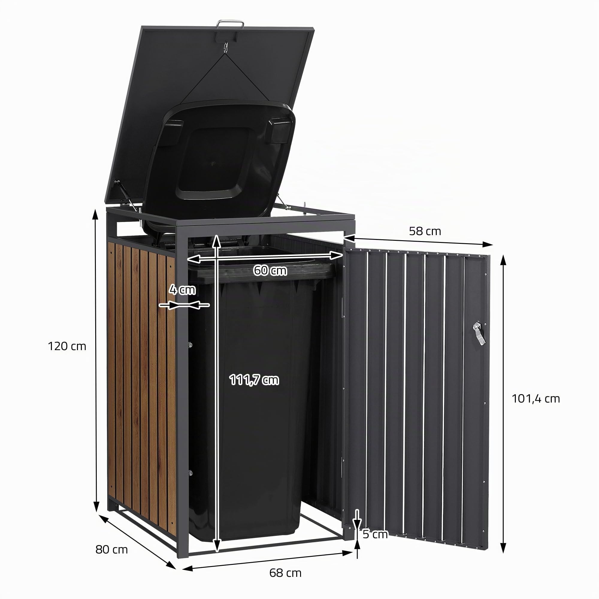 ML-Design Mülltonnenbox 3er 240L, Mülltonnenverkleidung für 3 Mülltonnen, Müllbox wetterfest, Mülltonnenhaus aus Stahl, Müllcontainer mit Deckel, abschließbare Tür, 200x80x120 cm Anthrazit-Holzoptik