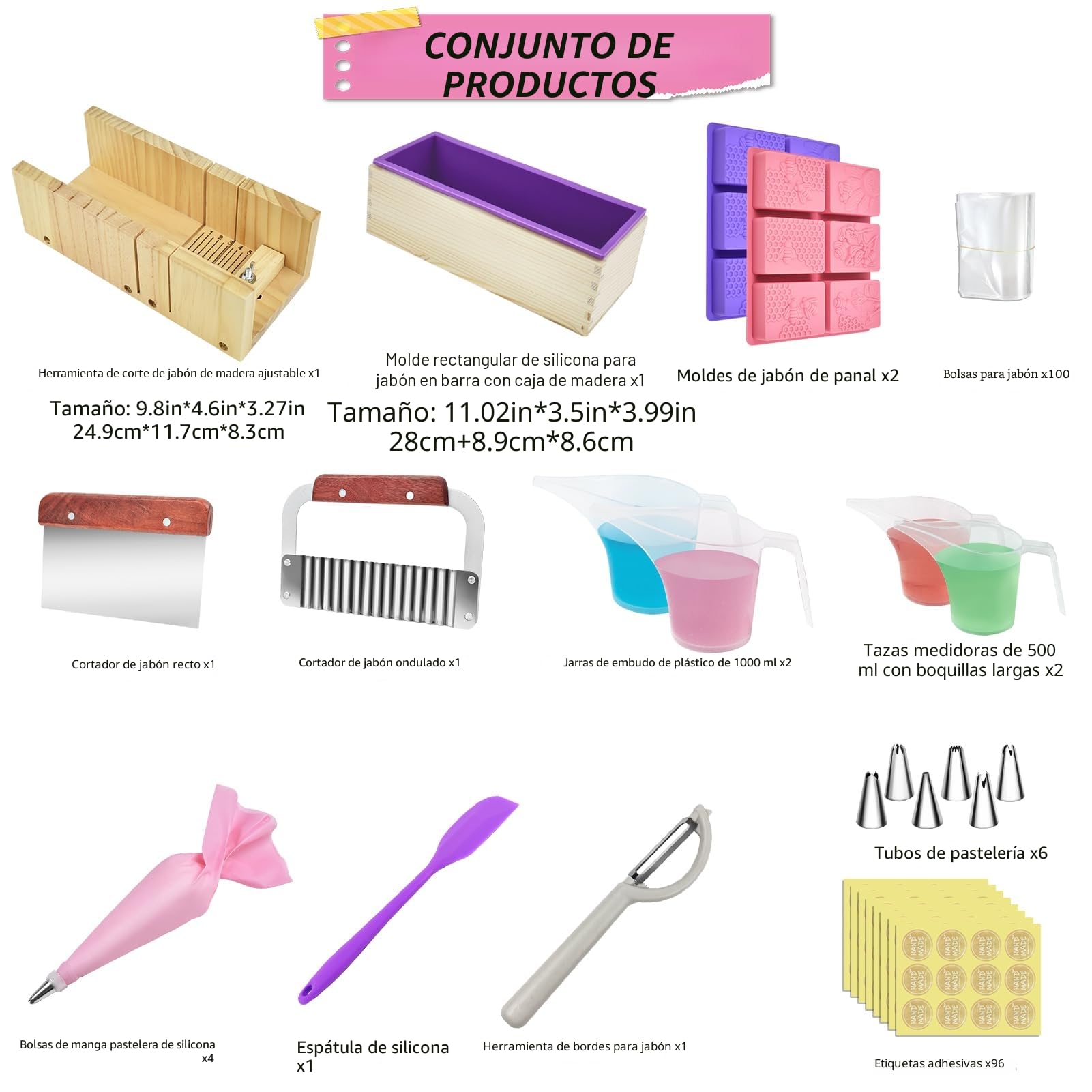 Artcome Kit completo de fabricación de jabón, suministros completos para hacer jabón con molde de silicona de 42 onzas, herramientas de corte de madera, moldes de panal, tazas medidoras y más para