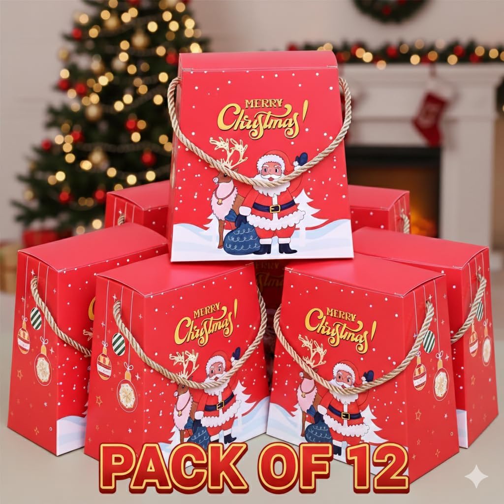 zig zag Christmas Gift Hamper Boxes (12pcs Pack) – Ideal for Children Gifts, Party Favors,Celebration,Return Gifts & Festive Gifting Xmas Printed Paper Boxes with Thread 6 x 3 x 6 Inch, Red