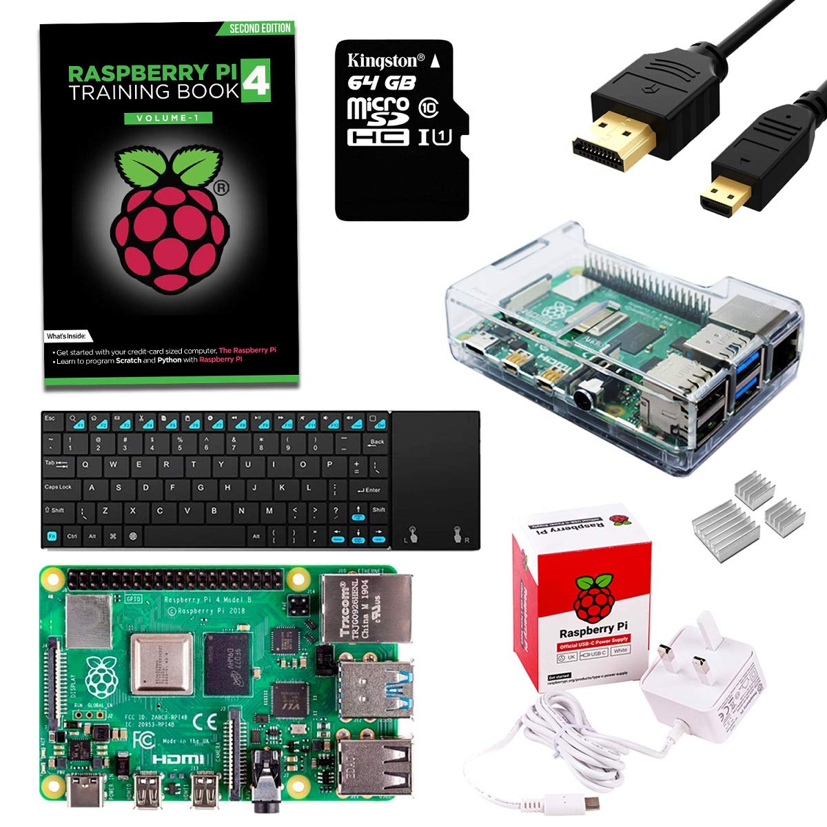 sb components Raspberry Pi 4 Starter Kit (Raspberry Pi 4 Modello B 2GB, Chiaro Accesso Protettivo a tutte le Porte, Alimentatore, Cavo Micro HDMI e Scheda MicroSD 64GB)