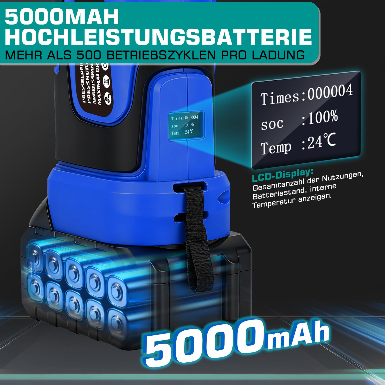 18V Offene Zange Akku Presszangen Set mit 2*Akkus und Schnellladegerät | Akku Rohrpresswerkzeug incl. CR V12 V15 V18 V22 V28 Und TH16 TH20 TH26 TH32 für Kupferrohr, Edelstahlrohr, Verbundrohr Blau