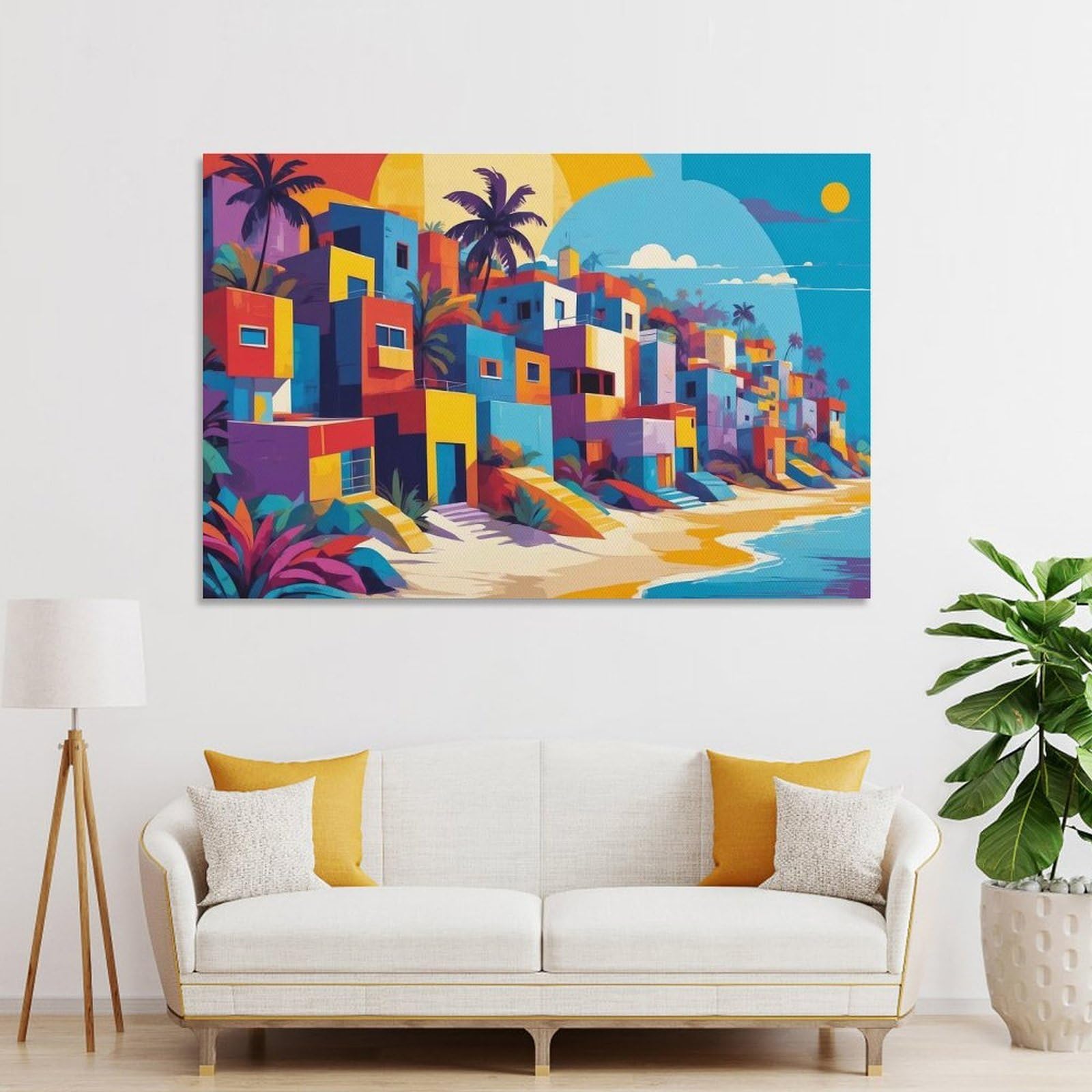 Junmoney Unframe-Style-22-1 Wall Decor Canvas Print Colorful Coastal Village Illustration, 24X36inch(60X90cm), For Living Spaces, Bedrooms Or Relaxed Rooms, A Home Accent With Warm Character