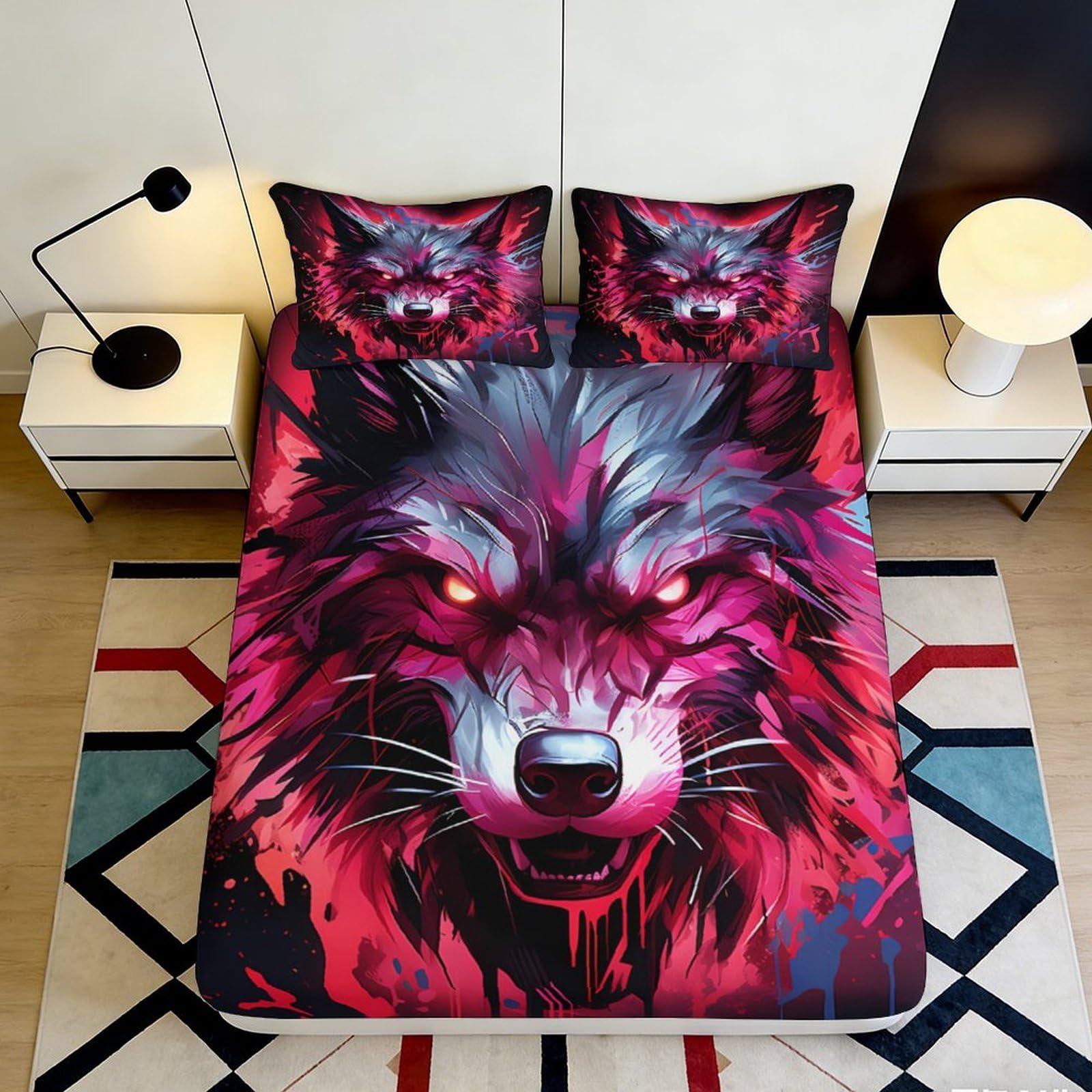 3D Printed Wolf Art Fitted Sheet Microfiber Soft Breathable Red Wild Animal Mattress Cover for Bedroom Dorm Decor 160x200x25cm