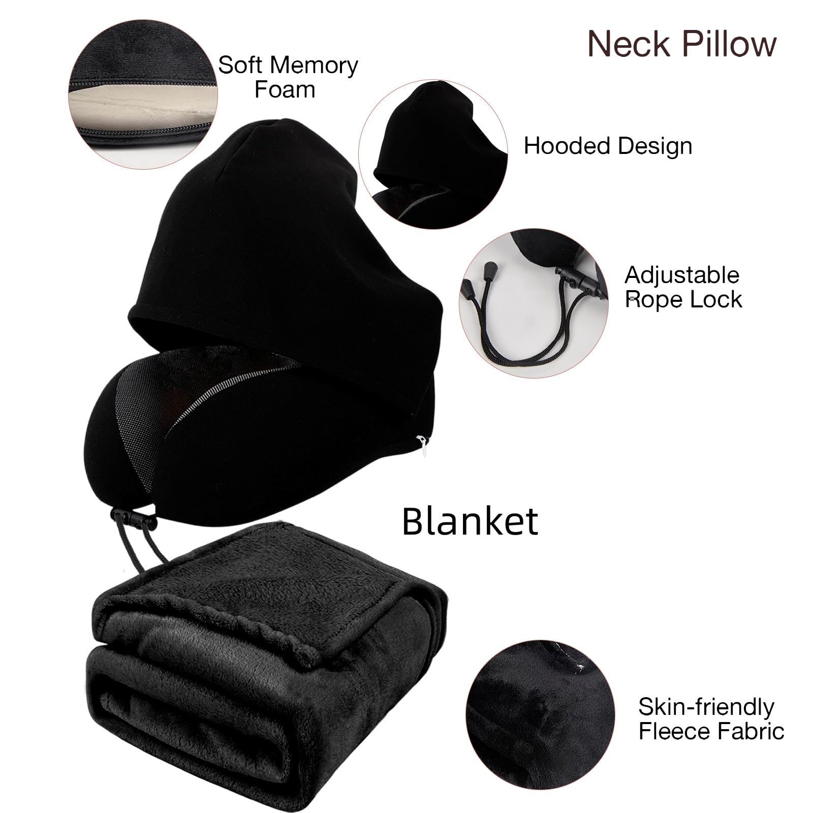 Juego de almohada de viaje – Almohada de cuello de viaje y manta para avión, manta gruesa de forro polar, almohadas de cuello de espuma viscoelástica con capucha, bolsa de lona plegable, máscara de 4