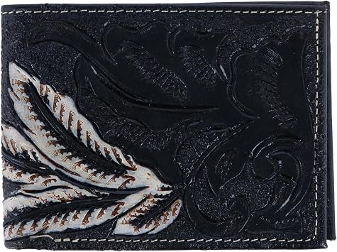 CTM Men's Feather Tooled Leather Bifold Wallet, Black
