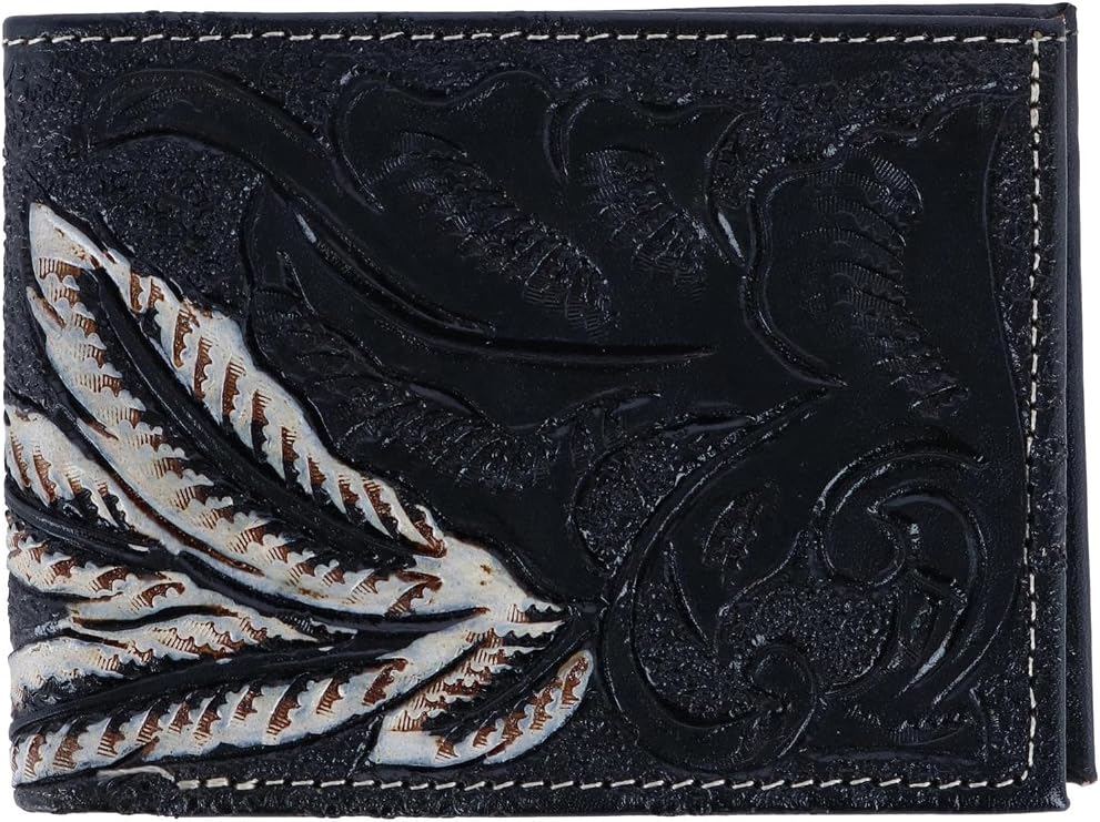 CTM Men's Feather Tooled Leather Bifold Wallet, Black