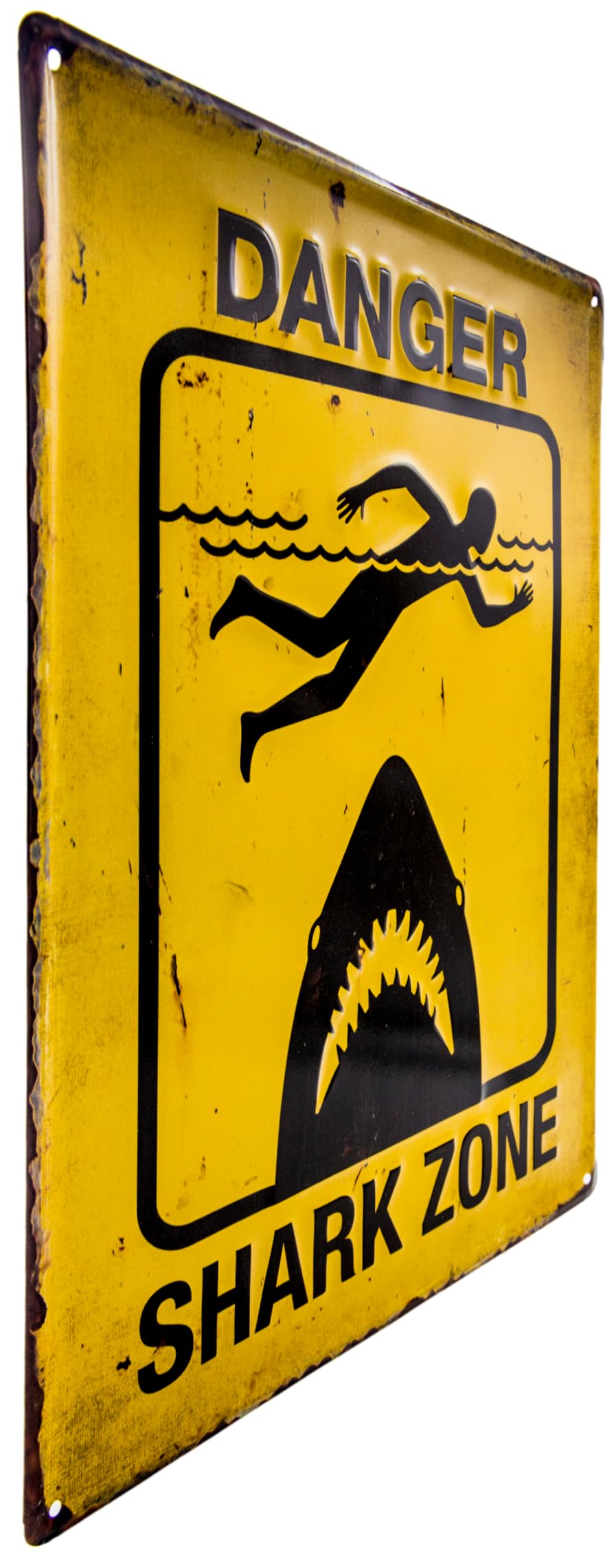 Großes 40 x 30 cm Hinweis Pool Schild Blechschild lustiger Spruch: Vorsicht Hai - Schwimmen auf eigene Gefahr