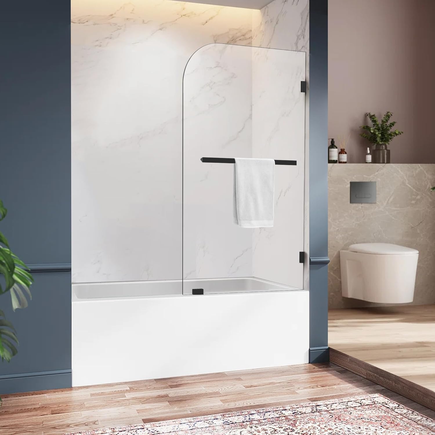 Bathtub Shower Door, 34" W X 58" H Fixed Bathtub Shower Glass Panel in Matte Black, 1/4"(6mm) Clear Tempered Frameless Shower Glass Door, Tub Shower Panel with Clamps and Handle