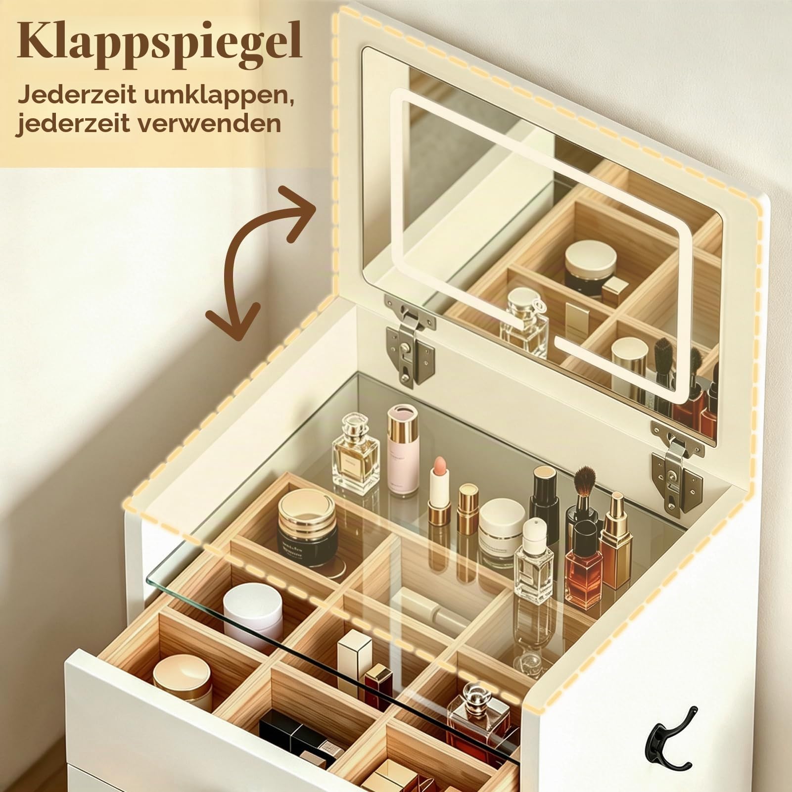 Kleiner Schminktisch mit Beleuchtung, Schminkkommode Schmal mit Klappspiegel, 3 in 1 Frisiertisch mit 3 Farben & Hocker, Kosmetiktisch 2 Schubladen, Sichtbarer Glasplatte für Kleine Räume (Weiß)