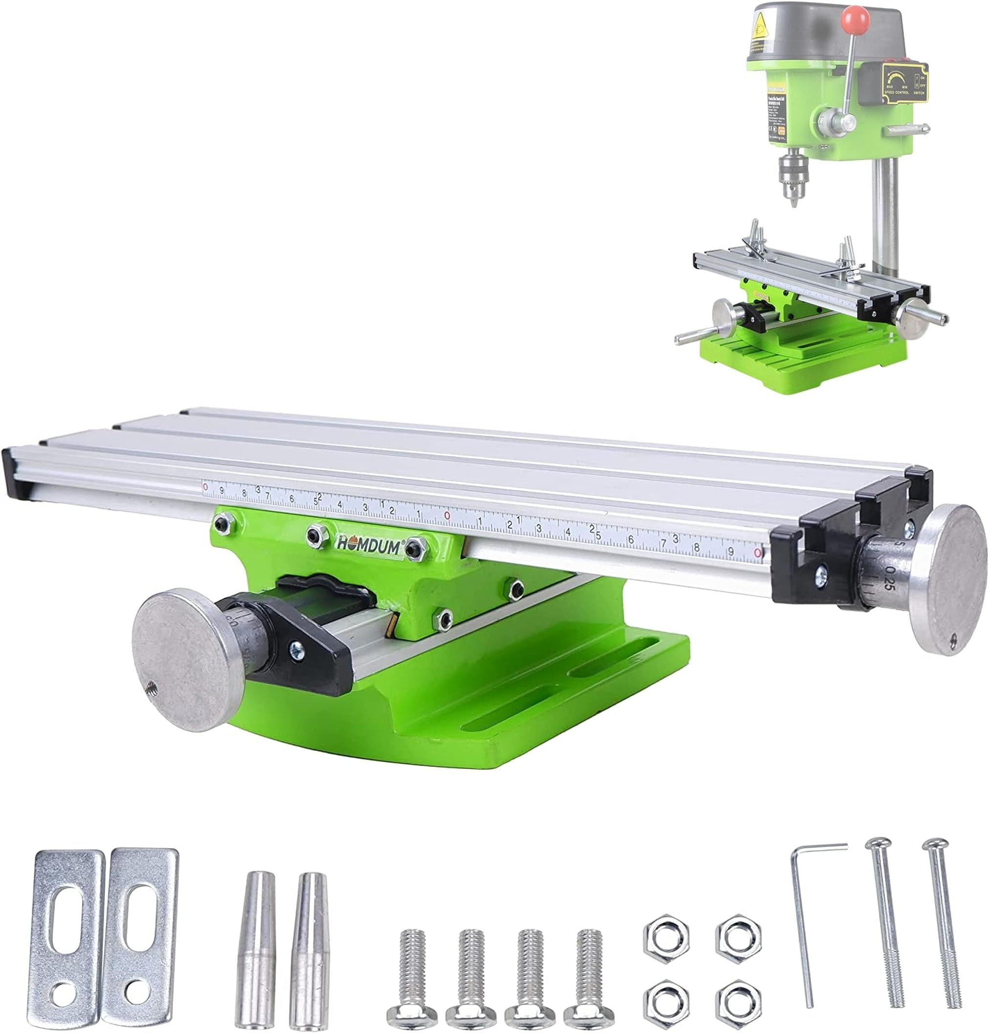 Homdum Slide Drilling JIG Worktable mini compound bench vise 310 x 90 MM Working Cross Table Milling used with Stand Drill Machine for Diy Miniature Work Aluminium Alloy Vise Silver and Green