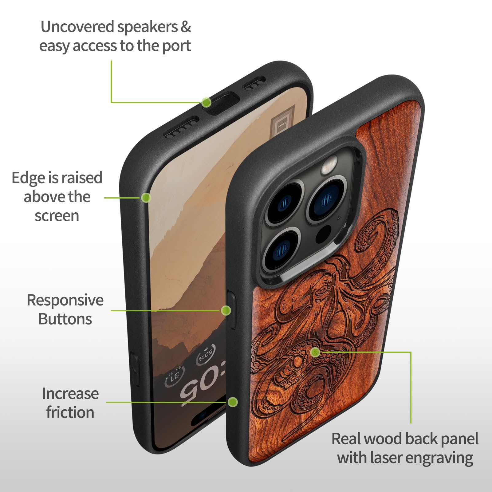 Carveit Custodia In Legno Compatibile MagSafe con iPhone 15 Pro Max Custodia, Magnetico Case avec Antiurto con Protezione Per 15 Pro Max Cover (Rosea-Arte del disegno del polpo)