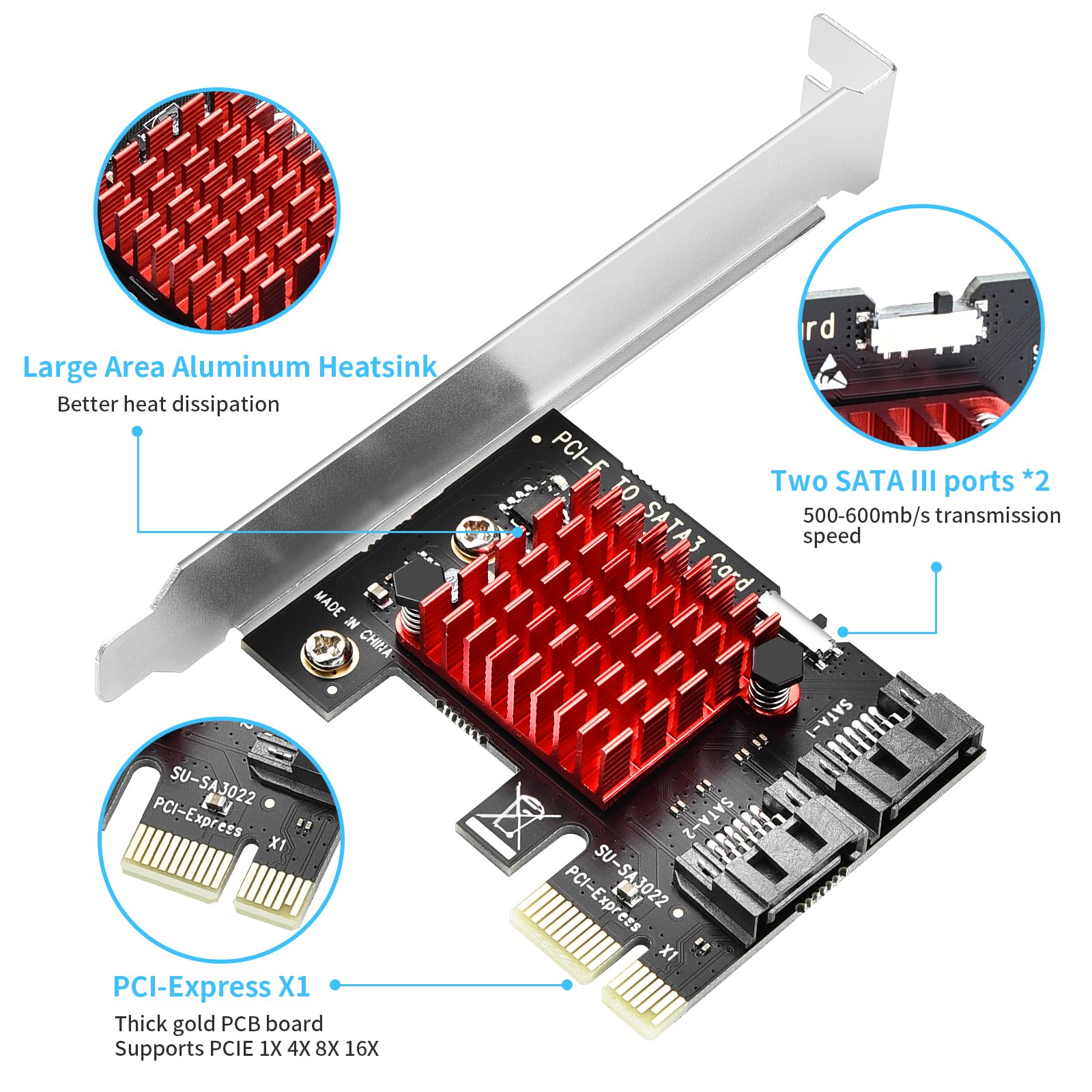 ELUTENG Karta PCIe SATA 2 porty, 6Gbps PCIe do SATA Adapter Karta kontrolera SATA 3.0 Karta rozszerzenia PCI Express X1 z mocowaniem Low Profile dla komputera stacjonarnego, obsługująca SSD HDD