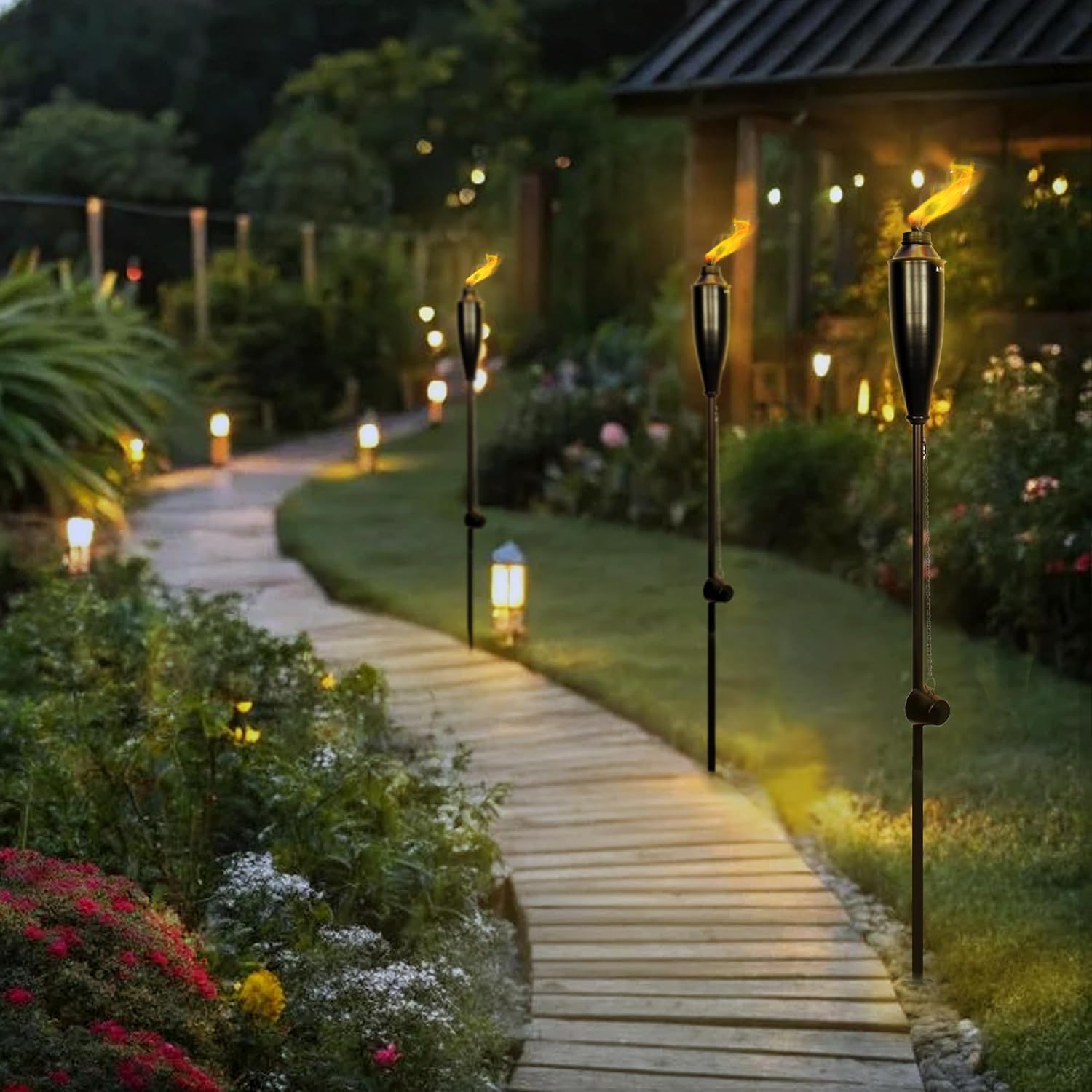Garden Torches for Outside - Deco Home Pack of 4 Metal Garden Torches Citronella for Outdoor Ambiance - Decorative and Functional for Patio, Lawn, and Backyard-Black