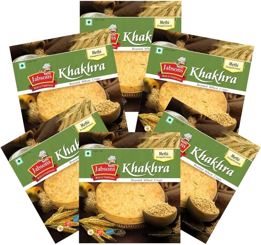 Jabsons Roasted Methi Khakhra 180gm (Pack of 6)| No Onion No Garlic | Ready To Eat|Vacuum Packed | Gujarati Traditional Indian Crisp, Healthy and Crunchy Snack, Flavored with Fenugreek