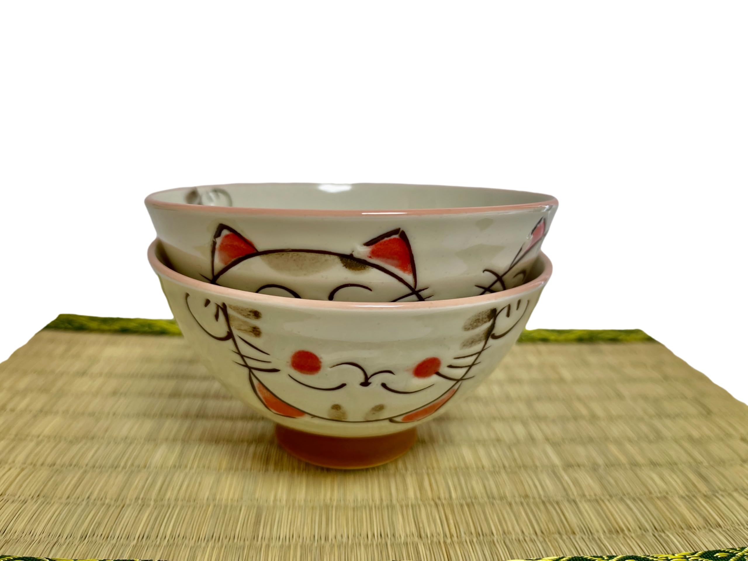 Japanese Mino Ware - Juego de cuencos de arroz de cerámica, 4.53 x 2.48 pulgadas de alto, 7.8 onzas líquidas, lindos gatos sonrientes rosados, juego de 2 (rosa)