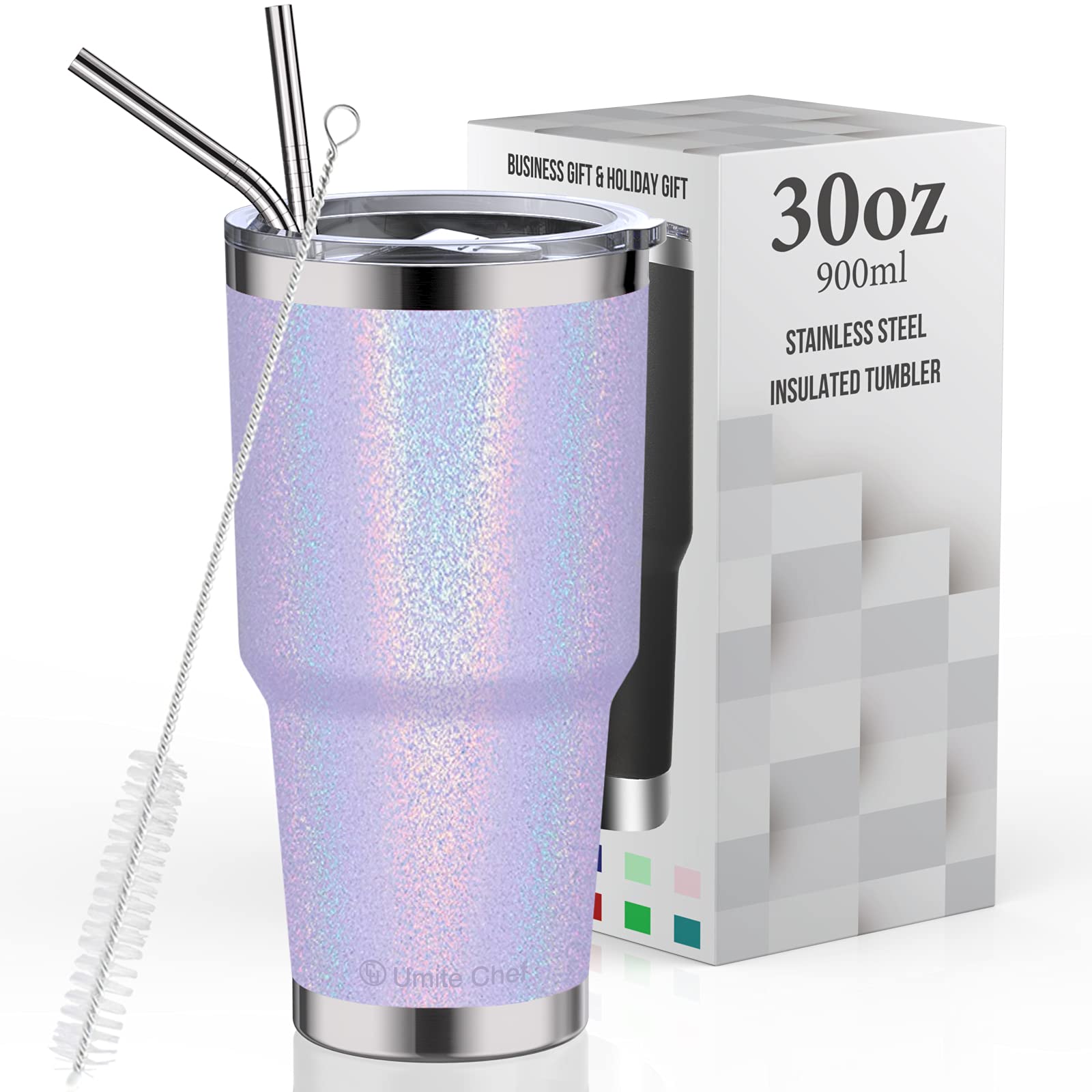 Umite Chef 30oz Tumbler with Splash Proof Sliding Lid, Stainless Steel Vacuum Insulated Travel Mug Tumbler, Insulated Thermal Coffee Mug Cup, 2 Straws(Rainbow Lavender)