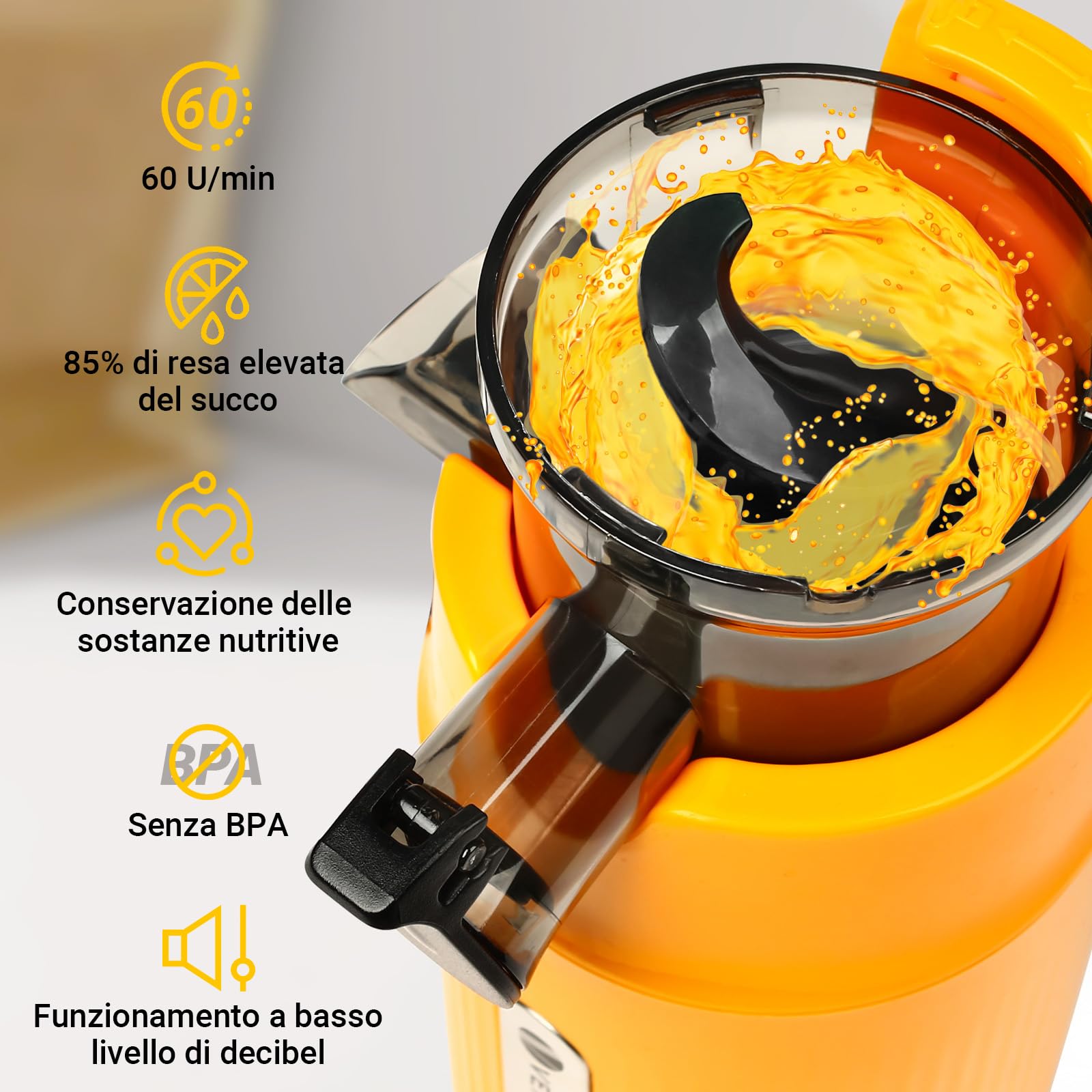 Ventray Ginnie Estrattore Frutta e Verdura - Slow Juicer 60 Giri/Min- Estrattore di Succo con Funzione di Masticazione Inversa, Facile da Pulire, Senza BPA, Cold Press, Spremiagrumi Elettrico, Giallo