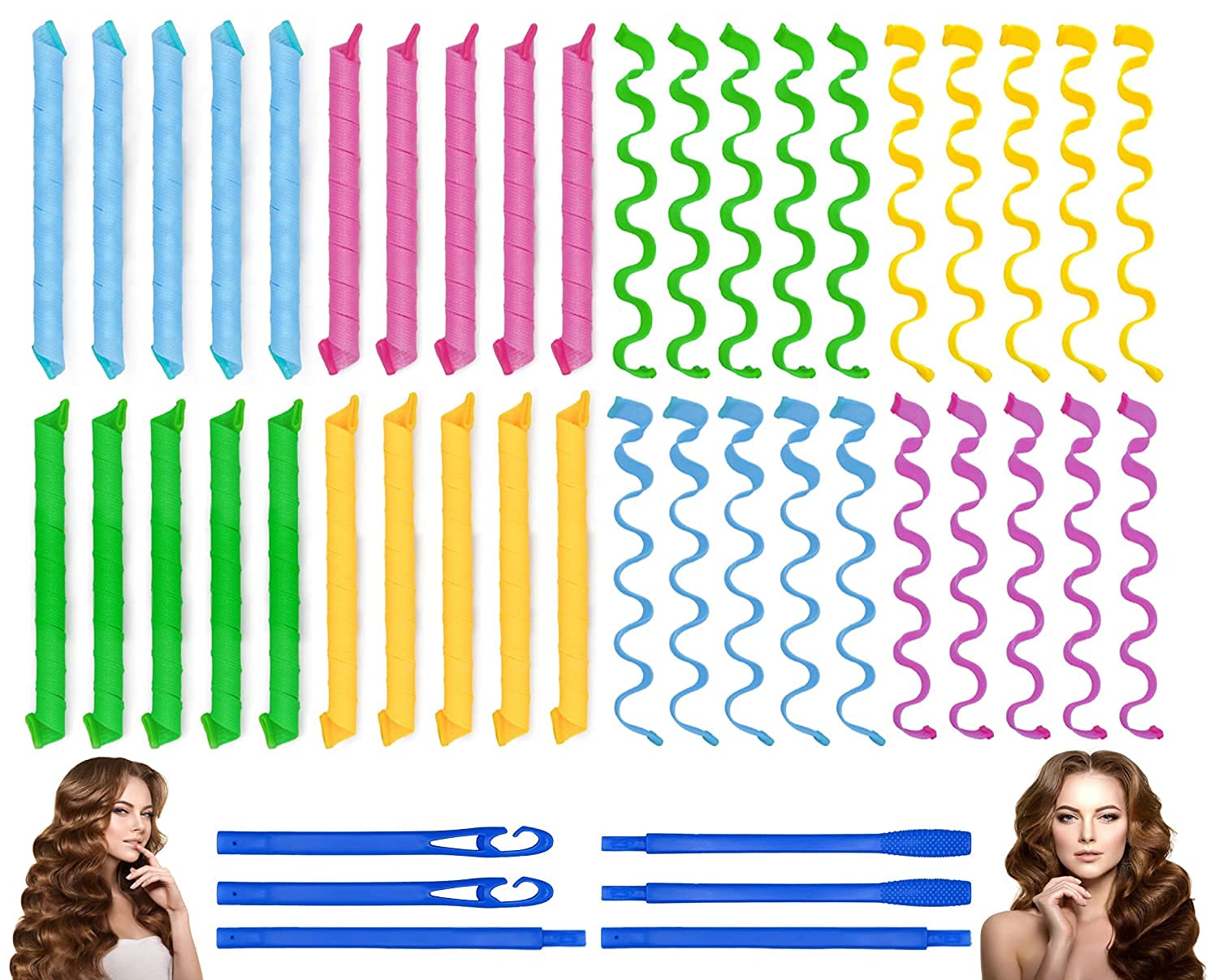 40PCS Hair Curlers Heatless Wave and Spiral Two Styles Formers(16inches) with 4PCS Styling Hooks Magic Hair Rollers No Heat Damage for Women and Kids’ Short and Medium Hair (16inch)