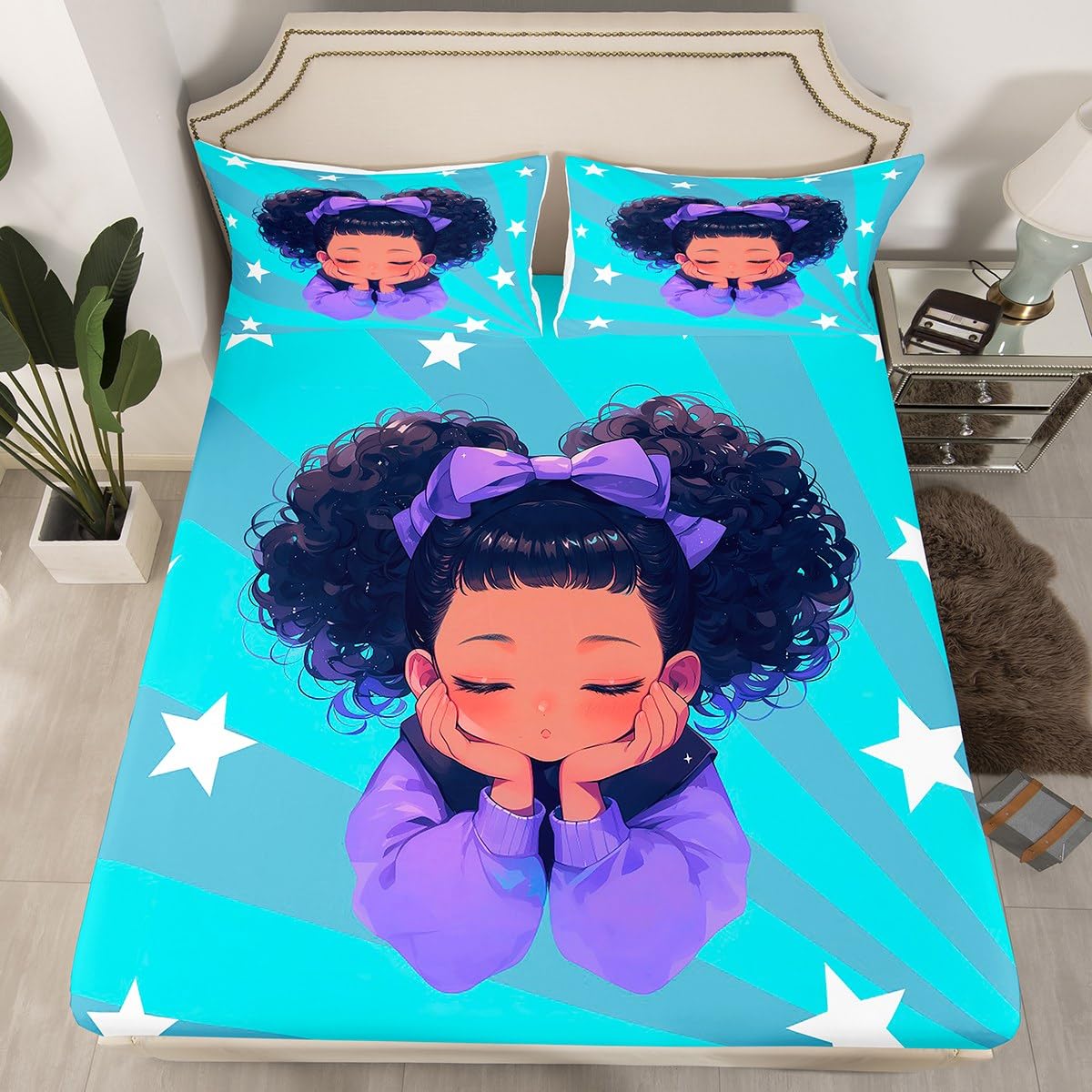 Manfei American Black Girl Fitted Sheet Double Size, Cartoon Girly Princess Bed Cover with 2 Pillowcases, Blue Stripes White Stars Bedding Set for Girls Bedroom Decor, Soft Polyester Bedding