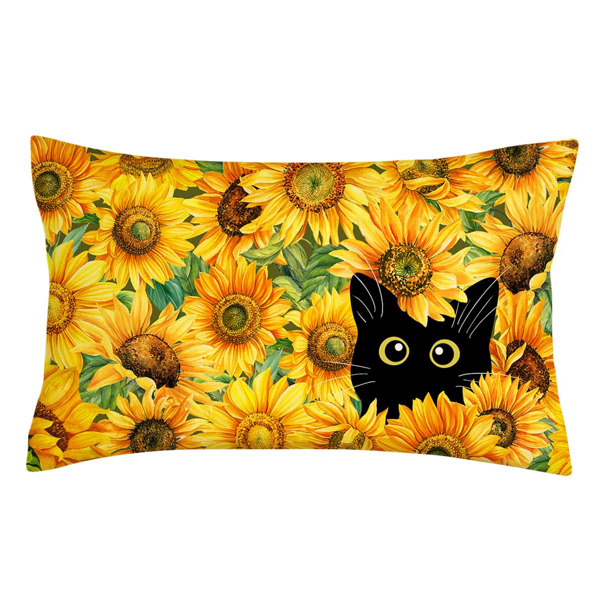 4TH Emotion Spring Summer Sunflowers Cat Lumbar Throw Pillow Covers 12 x 20 Inch, Yellow Flowers Welcome Farmhouse Holiday Cushion Case for Home Sofa Couch Decoration TH216-12