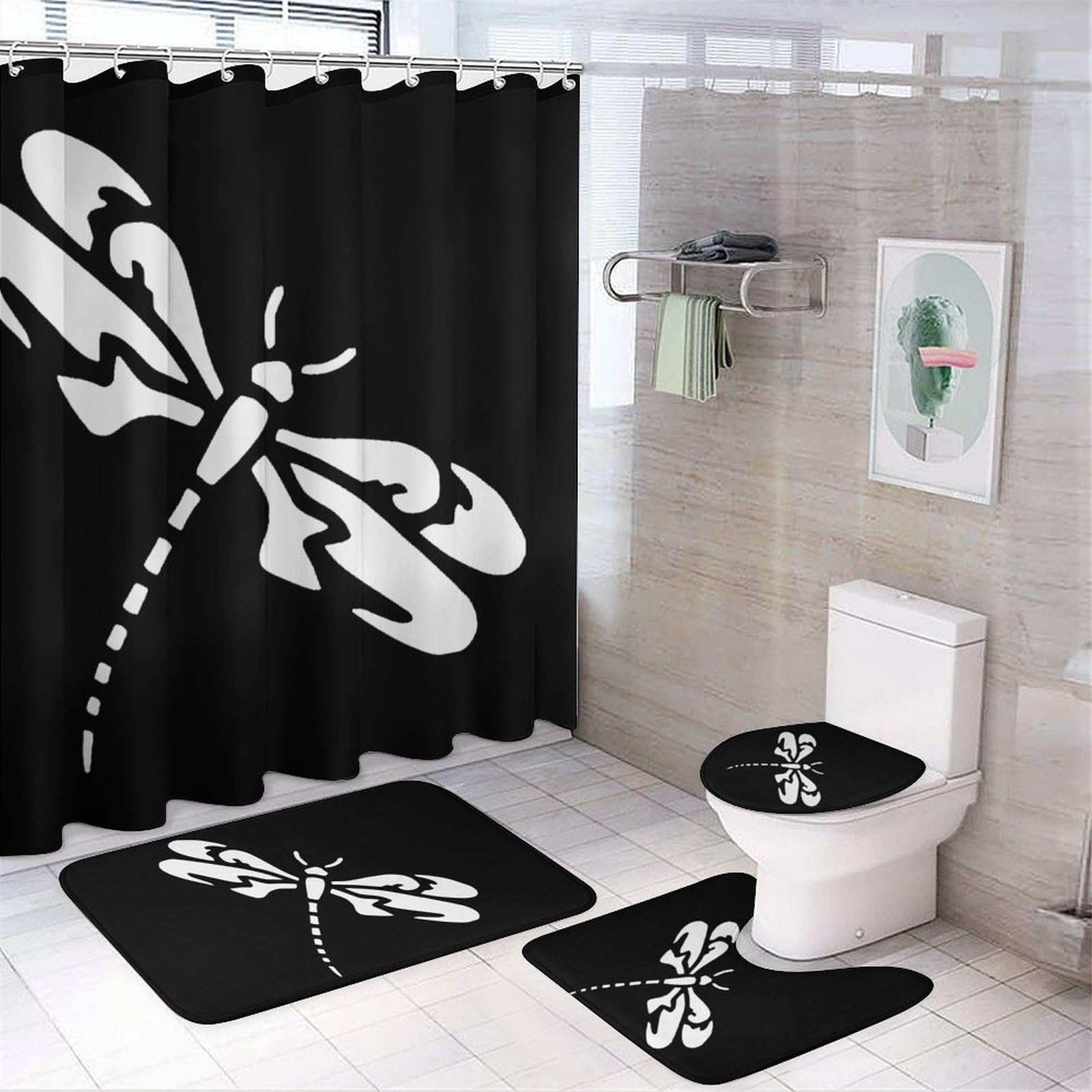 CGSBNGHA Tribal Dragonfly Shower Curtain Set 4 Piece Bathroom Sets with Rugs Toilet Lid Cover And U-Shaped Floor Mat