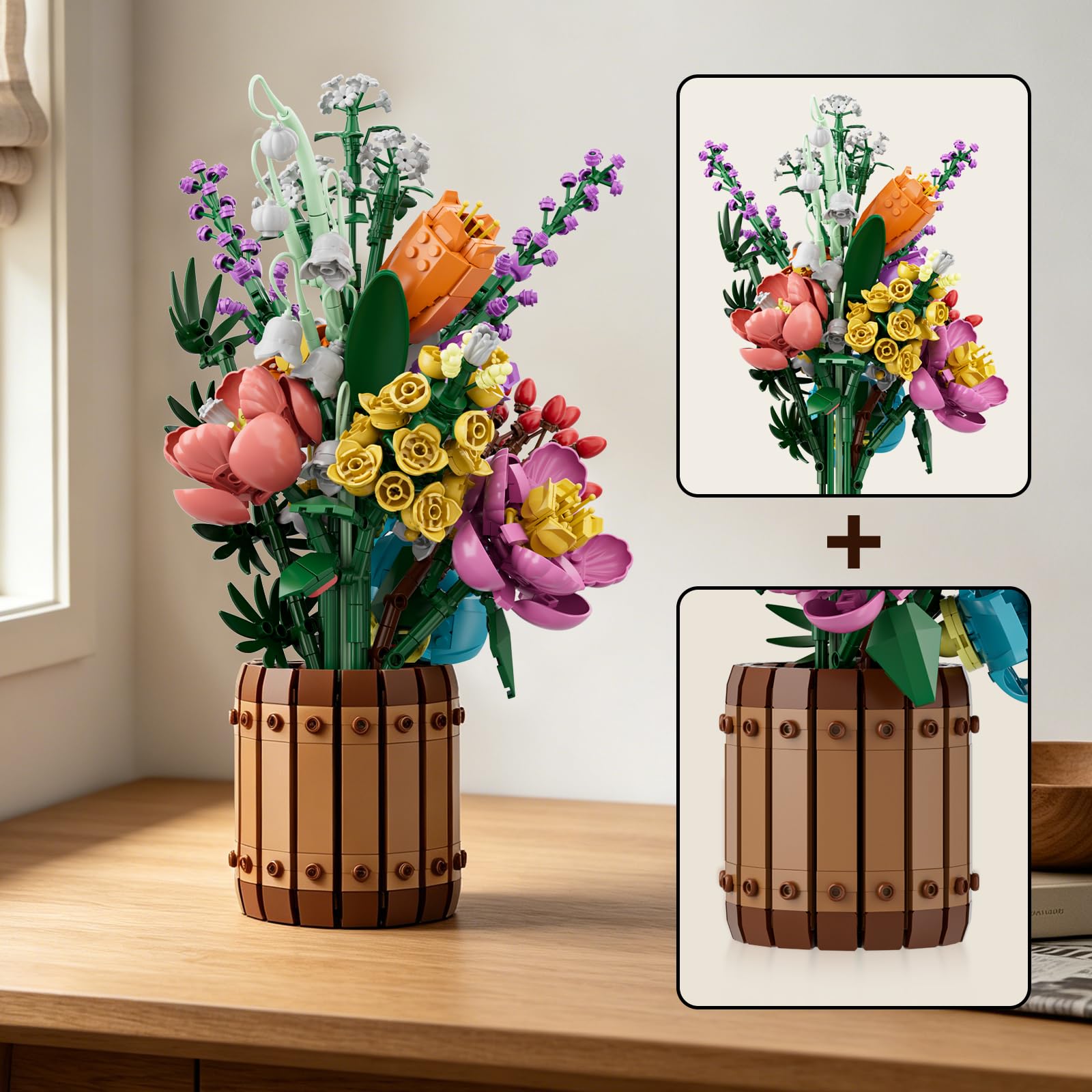 Mould King Geheimnis Blumen Bausteine, 1189 Teile Blumenstrauß Klemmbausteine Bausatz, Mit Vase, Kunstblumen Pflanzen Modell, Geschenk für Frauen Mädchen