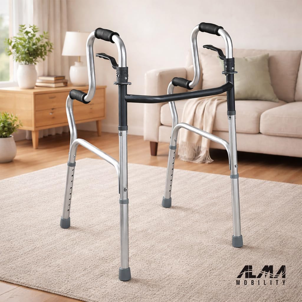 ALMA Andador para Ancianos de Dos Niveles Andador, Incorporador Plegable de Aluminio, Sin Ruedas, Ajustable en Altura, con Ayuda para Levantarse y Empuñaduras Anatómicas, Adultos y Personas Mayores