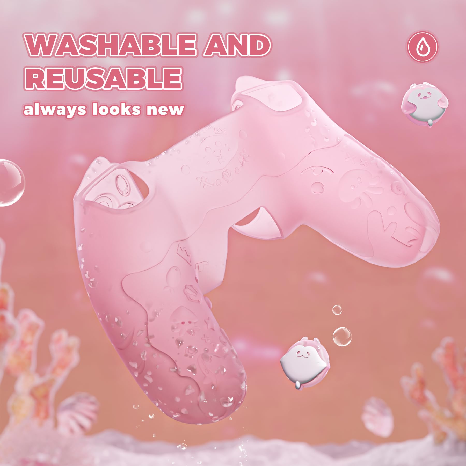 PlayVital Funda de Silicona Semitransparente para ps5 Mando - Serie Cute Ocean Whisper, Carcasa Protectora con Tapas para Joysticks y Pegatina, Compatible con Base de Carga (Rosa Melocotón)