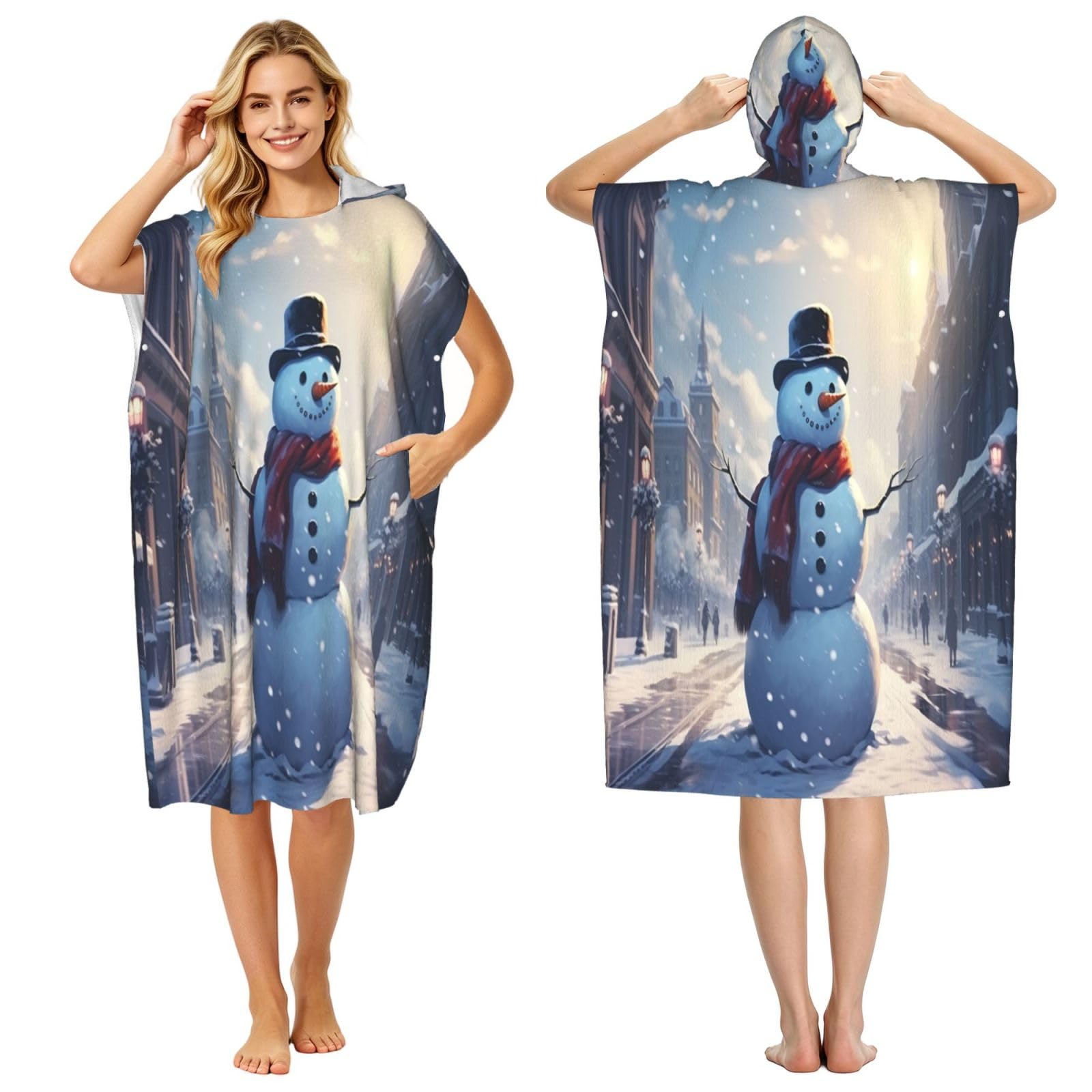 Giant Christmas Snowman On The Street Adult Hooded Beach Poncho Towel