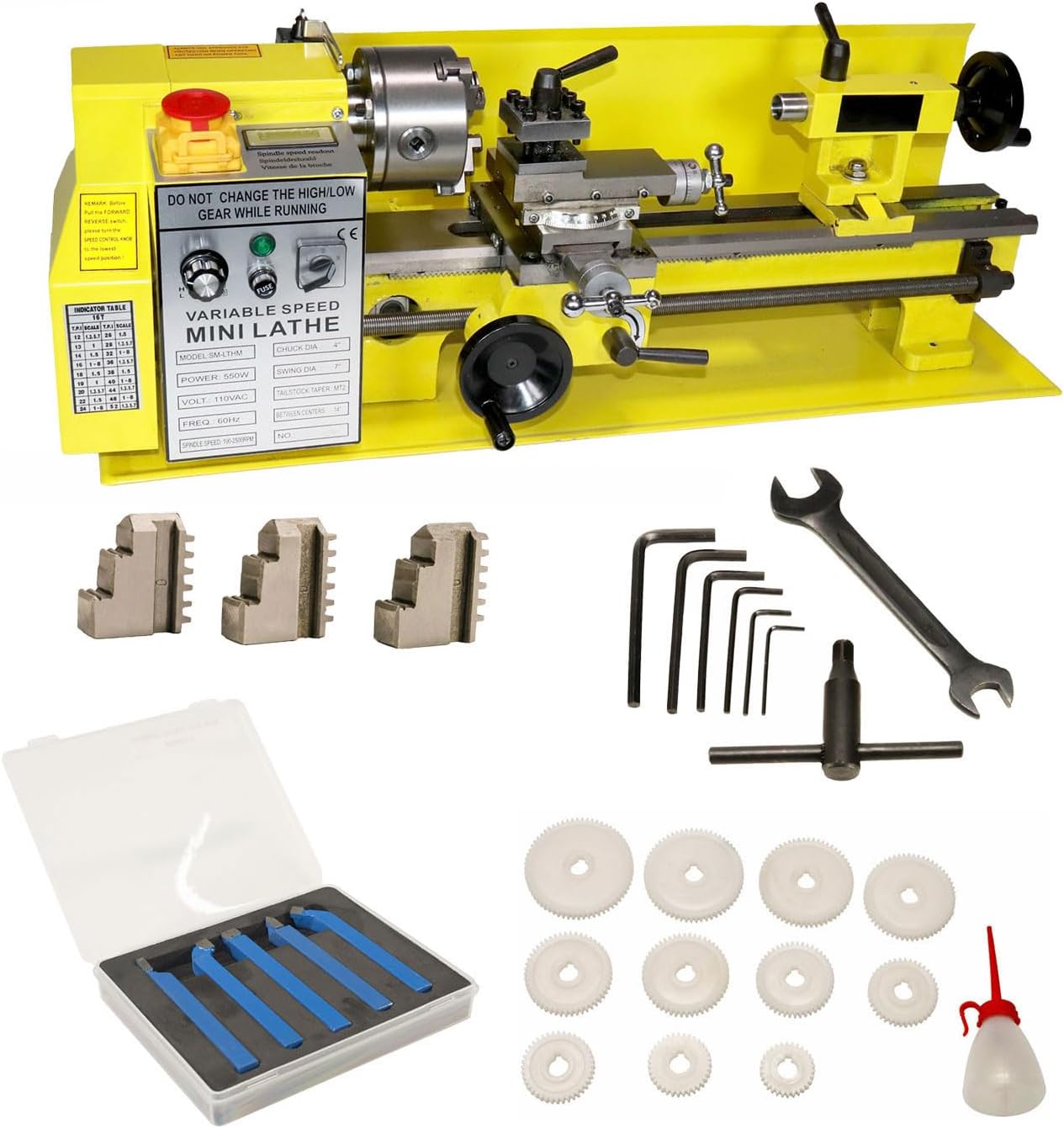 Erie Tools 7 x 14 Precision Bench Top Mini Metal Milling Lathe Variable Speed 2500 RPM & Digital Readout with 5 pc. Cutter Kit