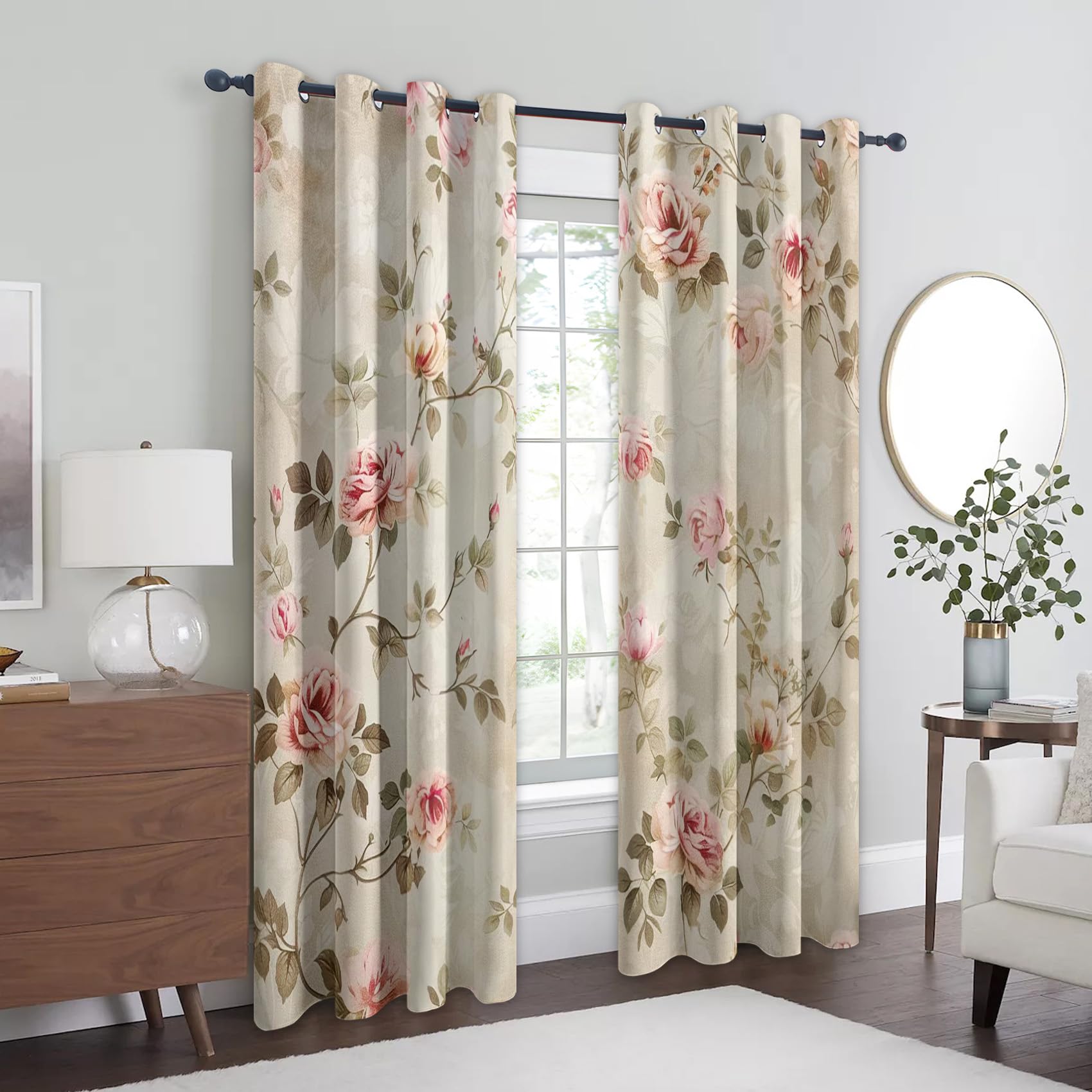 Rideaux Occultant Fleurs Rustique Vintage, Rideau Isolant Thermique pour Salon Chambre, Rideaux Motif Floral Rose, Lot de 2 Rideaux Opaque à Oeillets 140x240cm LxH