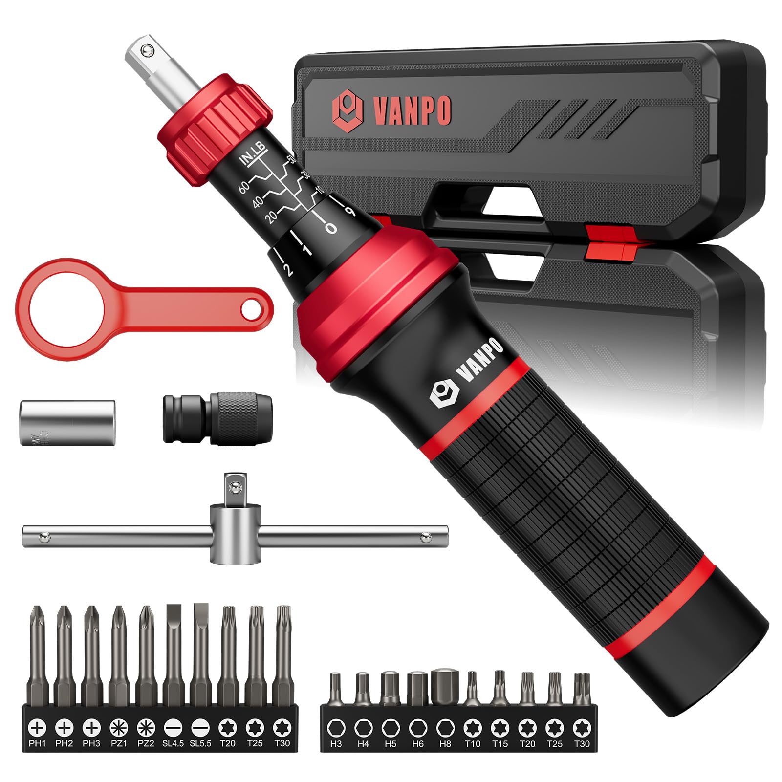VANPO Torque Screwdriver, 10-60 In-lb, 24 Piece, Click Style for Gunsmith