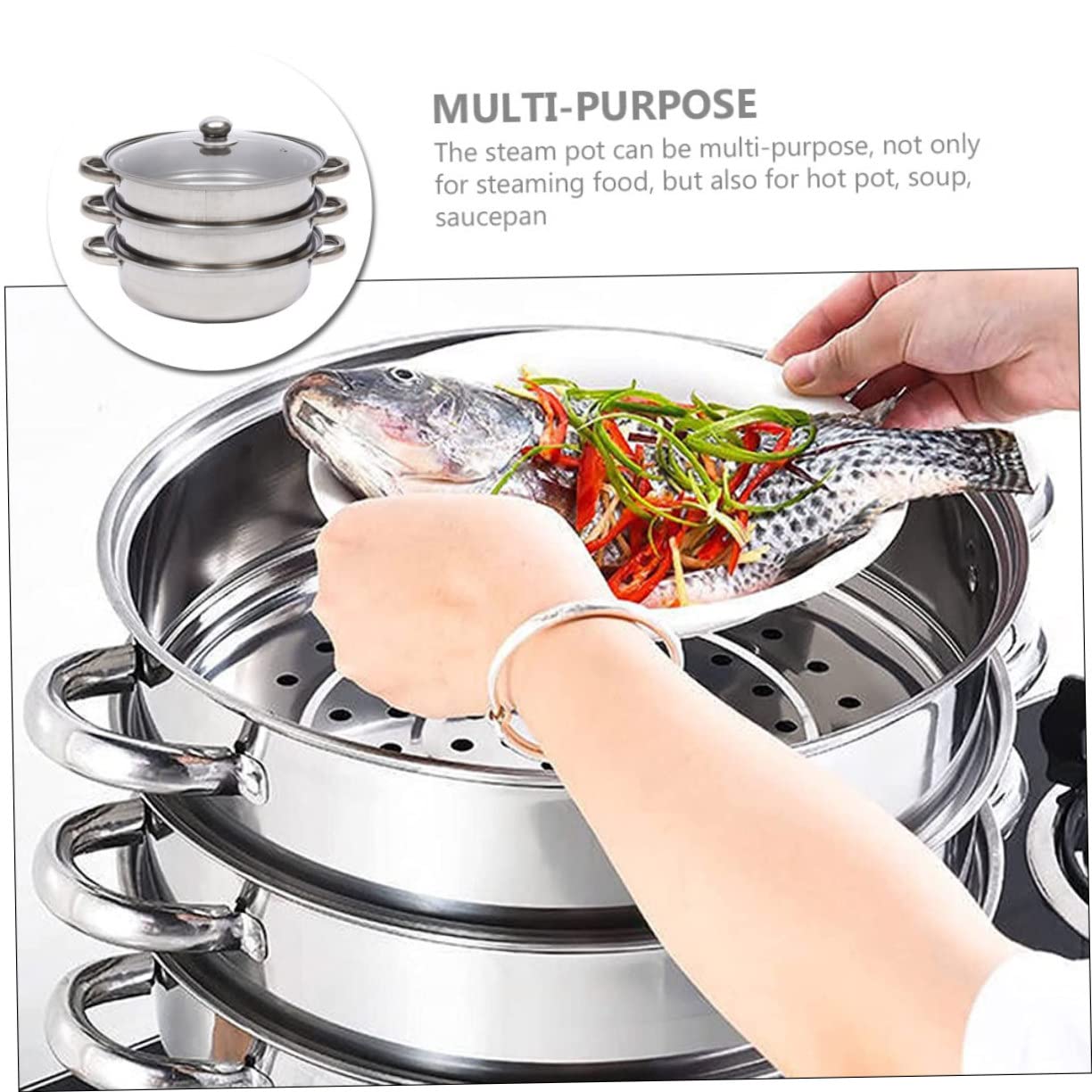 Ciieeo Edelstahl Dampfgarer 28cm mit 3 Schichten Glasdeckel und Viel Platz für Suppe und Gemüse Mehrlagiges Design für Schonendes Kochen im Haushalt