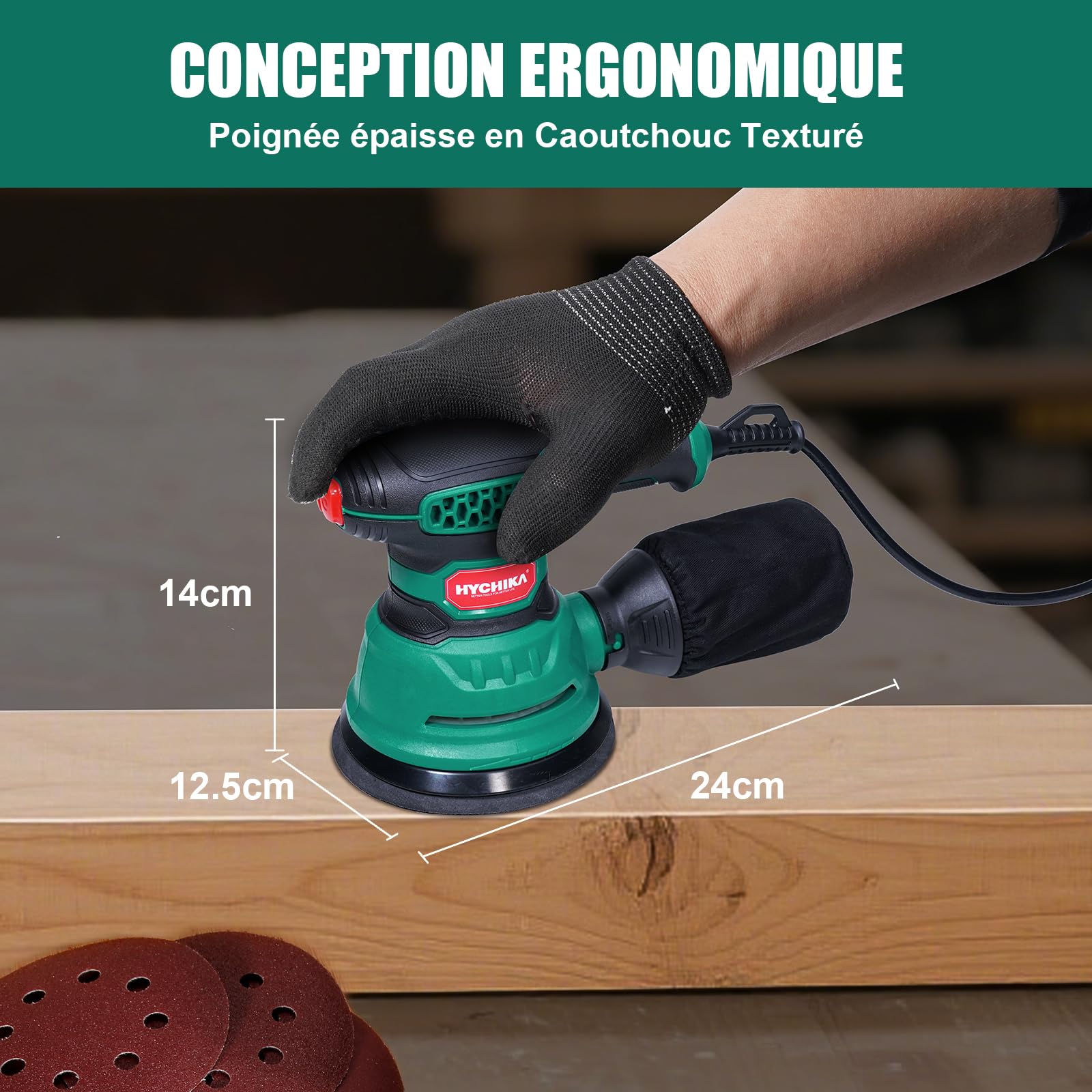 HYCHIKA Ponceuse Excentrique, 300W 12000 OPM Ponceuse Orbitale, 6 Vitesses, 16 Pièces Disque Abrasif 125mm, Dispositif de Dépoussiérage et Fonction de Freinage Rapide, Pour Poncer et Polir le Bois