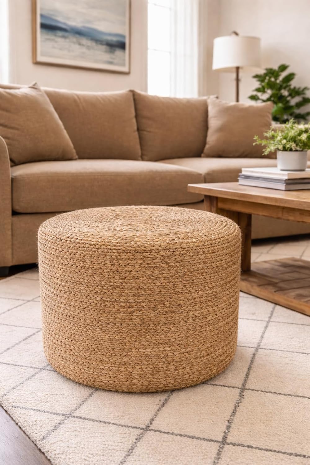 Scandilivin Homes Pouf Ottoman - 100% Natural Jute Braided- Footrest Pouf Hand Knitted - Traditional Cord Boho Pouffe - for The Living Room, Bedroom, Nursery, Patio, Lounge (18”x18”x12”)
