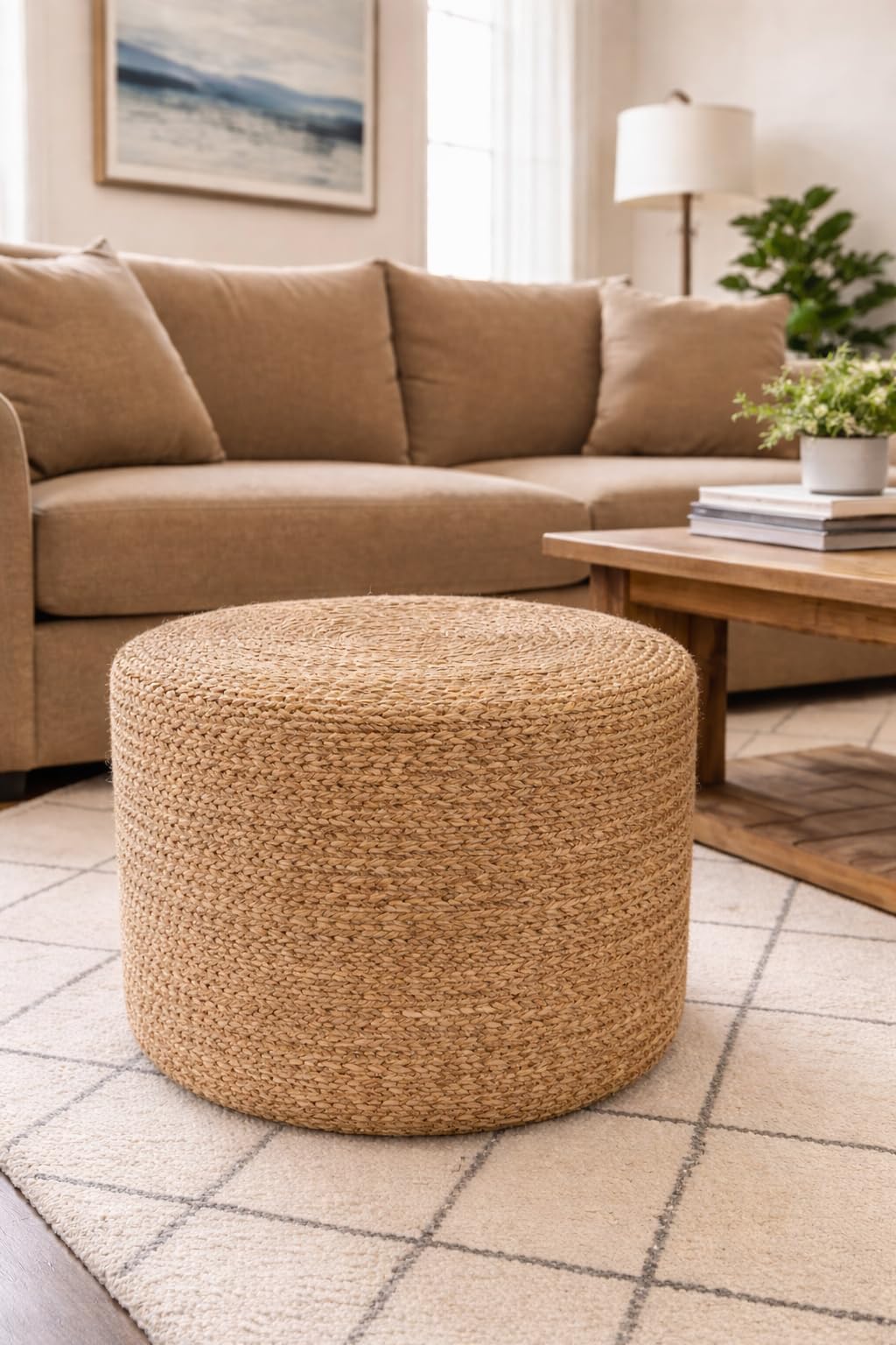 オットマン Hand-stitched Woven Pouf Seat RAJRANG Ottoman Round Pouf – Ivory